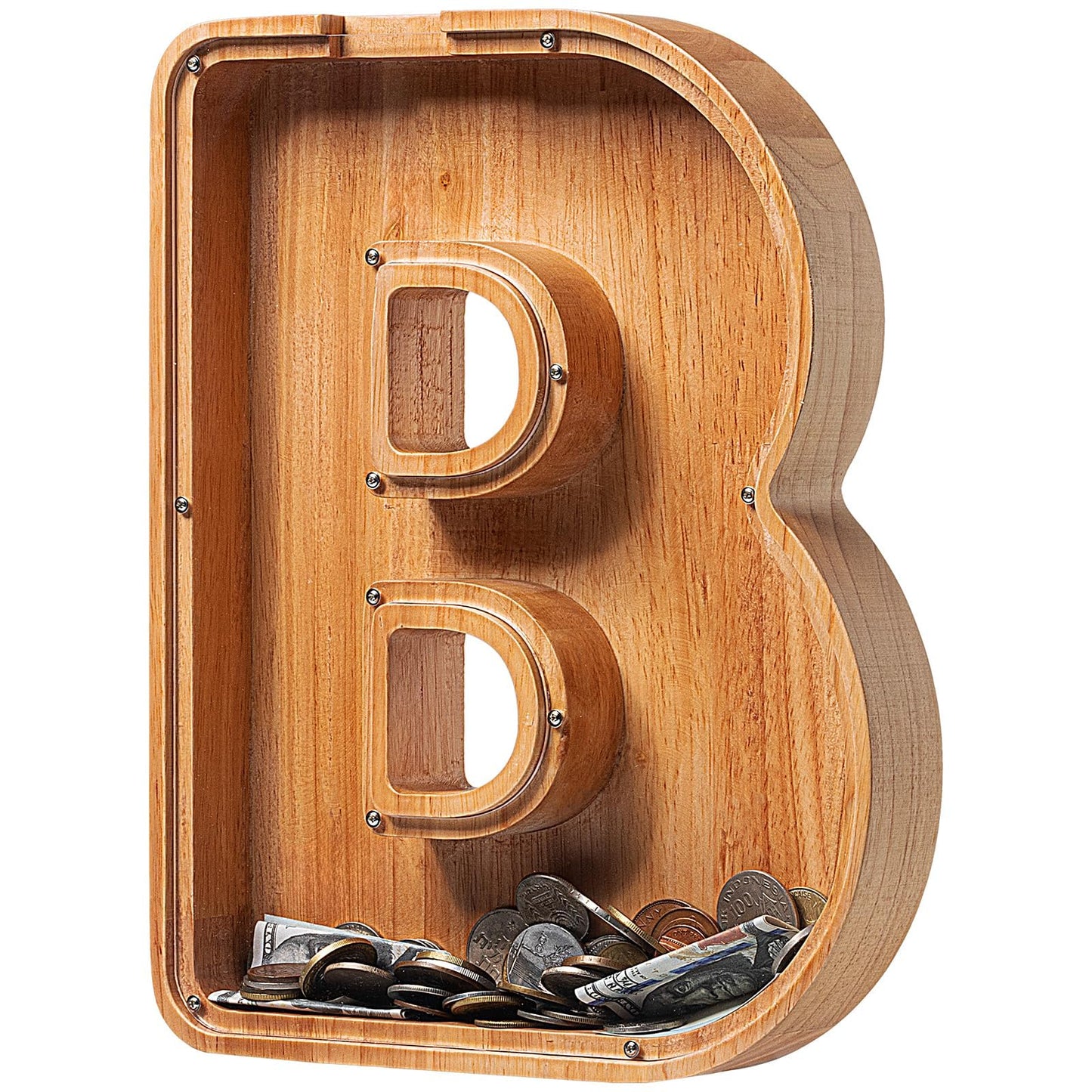 Piggy Bank for Kids Boys Girls, Large Personalized Wooden Letter Piggy Bank with Cut-Out Design, Alphabet Letter Coin Banks, Money Savings Box, Wooden Bank for Kids Creative Gift for Real-Money(B)