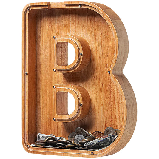 Piggy Bank for Kids Boys Girls, Large Personalized Wooden Letter Piggy Bank with Cut-Out Design, Alphabet Letter Coin Banks, Money Savings Box, Wooden Bank for Kids Creative Gift for Real-Money(B)