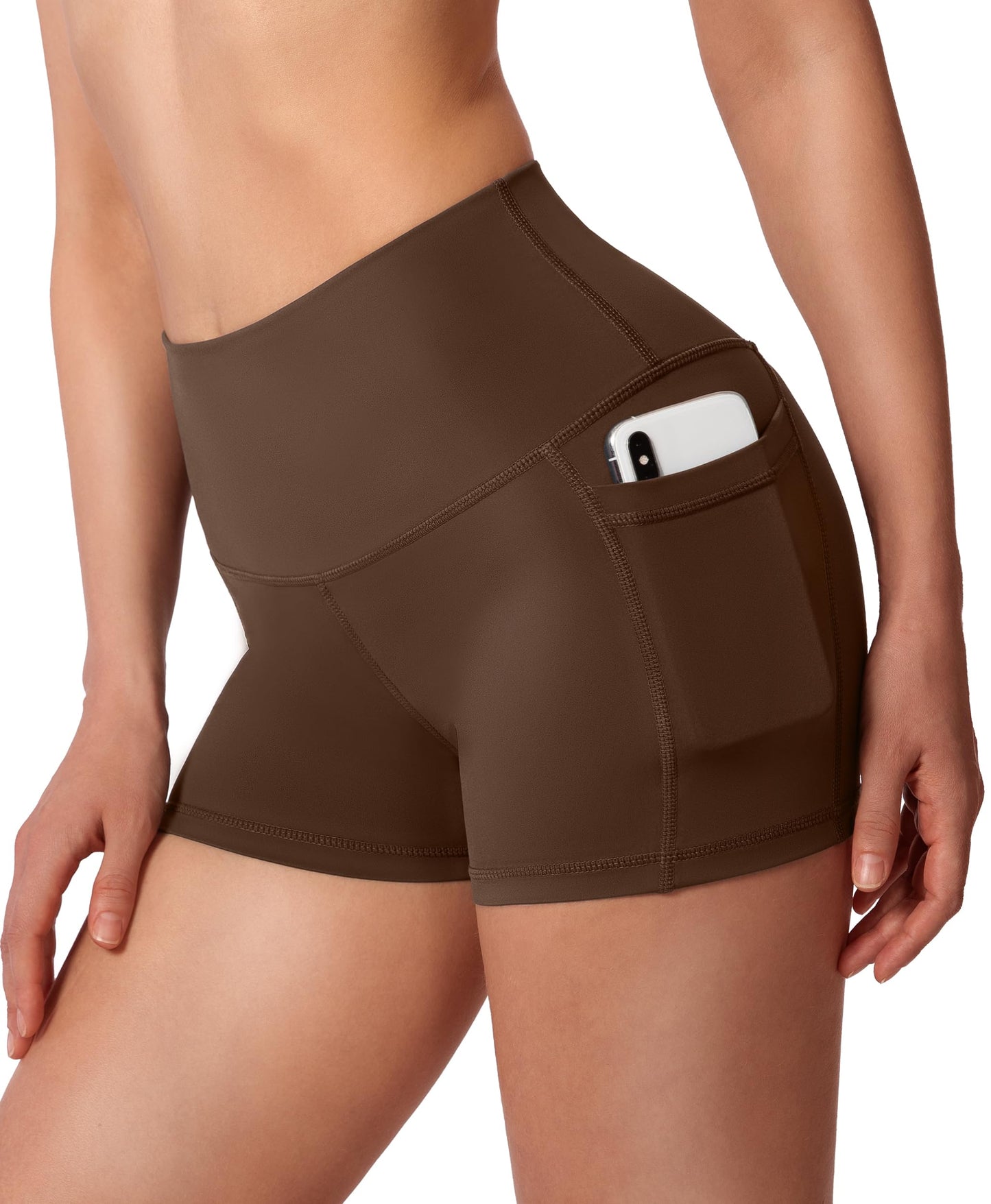 Women's High Waist Yoga Shorts with Side Pockets Tummy Control Running Gym Workout Biker Shorts for Women 3"(Brown, XXL)
