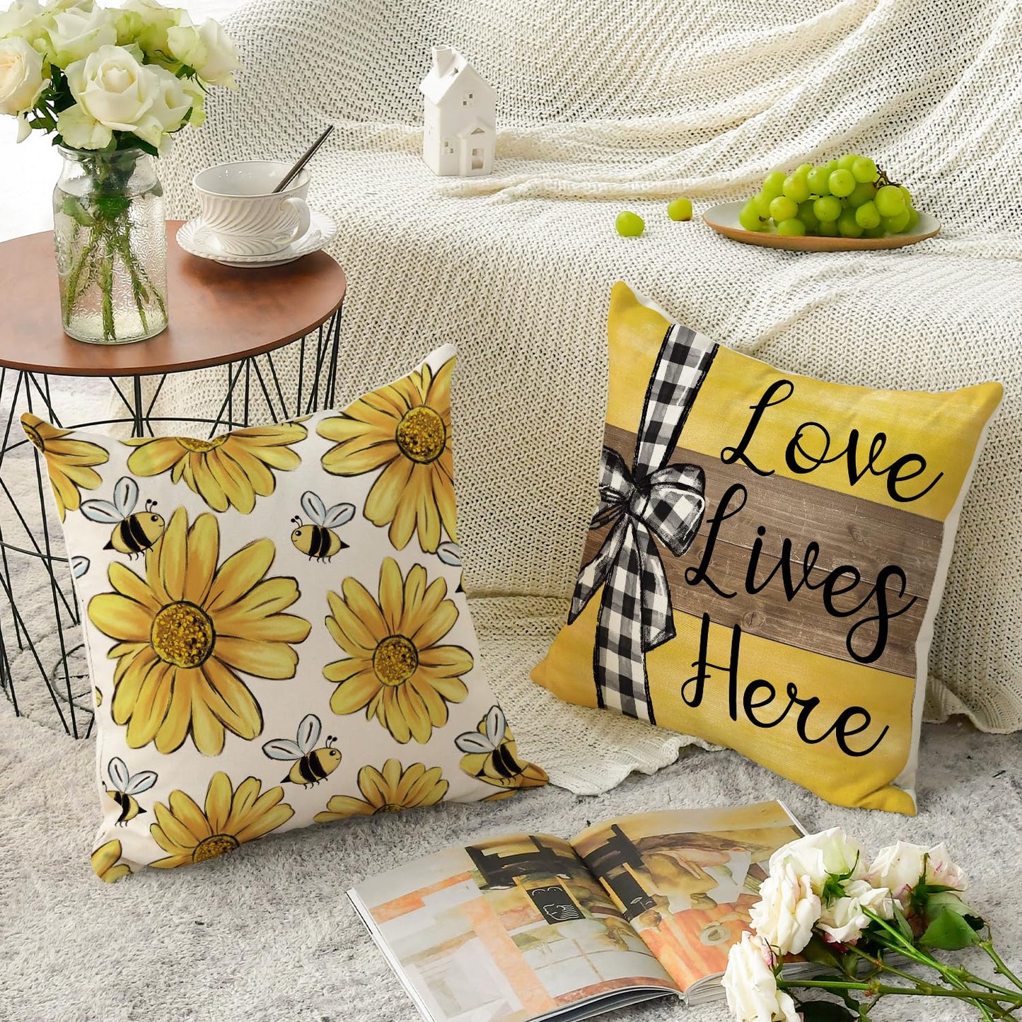 AVOIN colorlife Home Sweet Home Bee Sunflower Throw Pillow Covers, 18 x 18 Inch Love Lives Here Spring Summer Stripes Cushion Case for Sofa Couch Set of 4