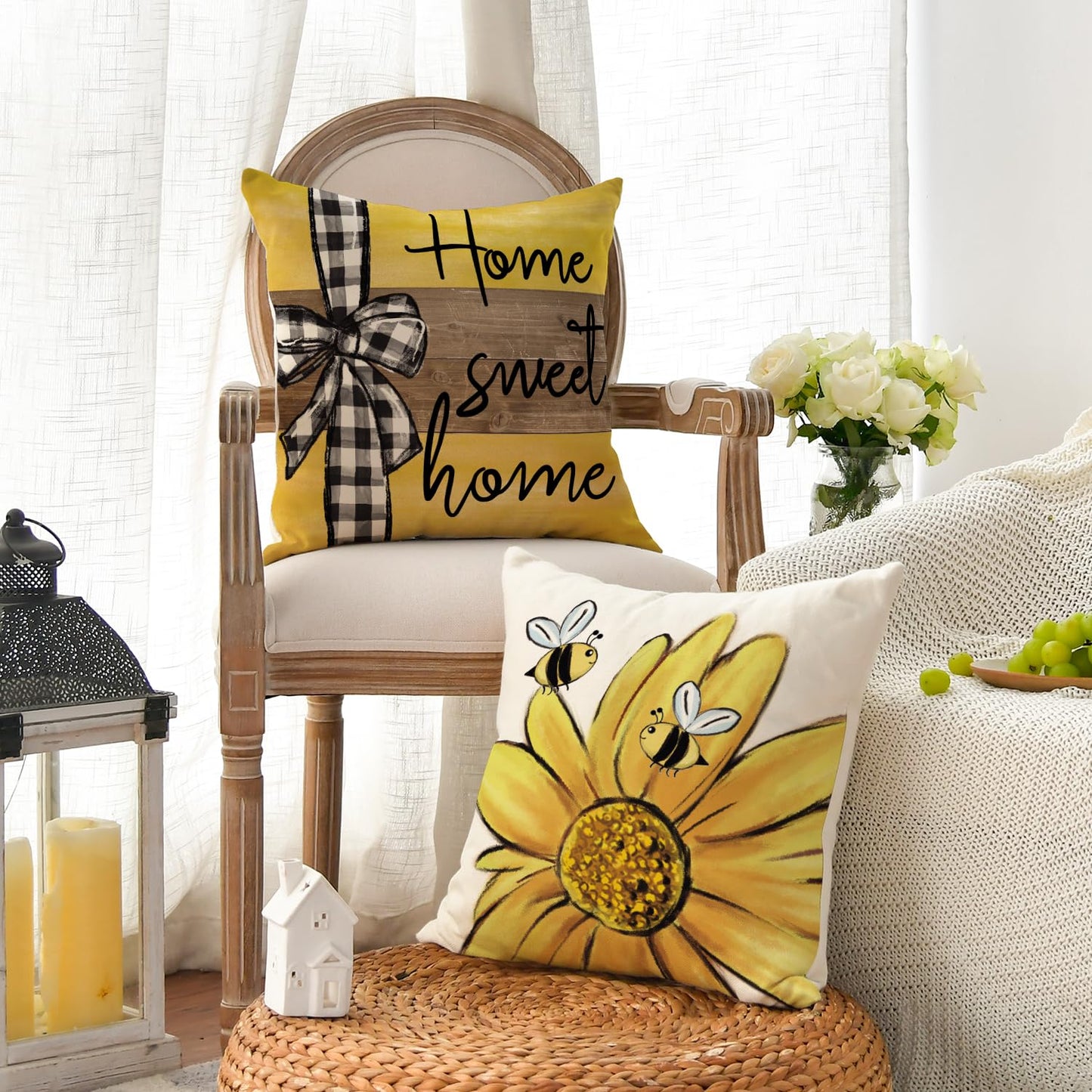 AVOIN colorlife Home Sweet Home Bee Sunflower Throw Pillow Covers, 18 x 18 Inch Love Lives Here Spring Summer Stripes Cushion Case for Sofa Couch Set of 4