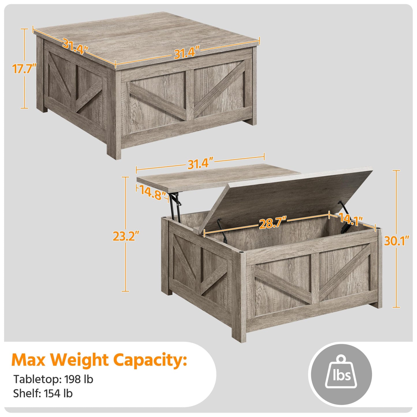 Yaheetech Lift Top Coffee Table, Square Farmhouse Coffee Table with Hidden Storage Compartment, Wood Center Table for Living Room, Home Office, Gray