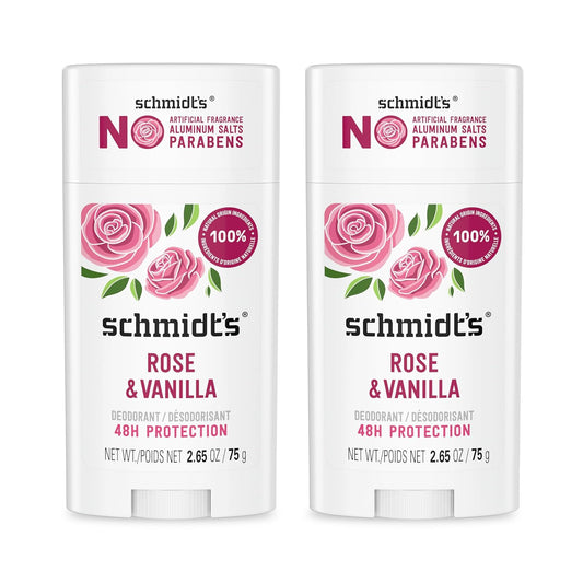 Schmidt's Aluminum-Free Vegan Deodorant Rose & Vanilla with 24 Hour Odor Protection 2 Count for Women and Men, Natural Ingredients, Cruelty-Free, 2.65 oz