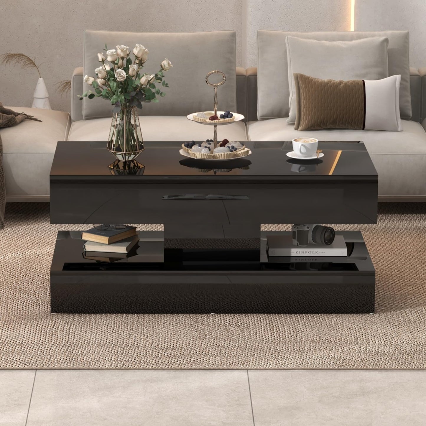 OC Orange-Casual LED Coffee Table with Storage, High Glossy Center Table with 2 Sliding Drawers, Modern Stylish Rectangle Coffee Table Double Layer with Open Display Shelf for Living Room (Black)