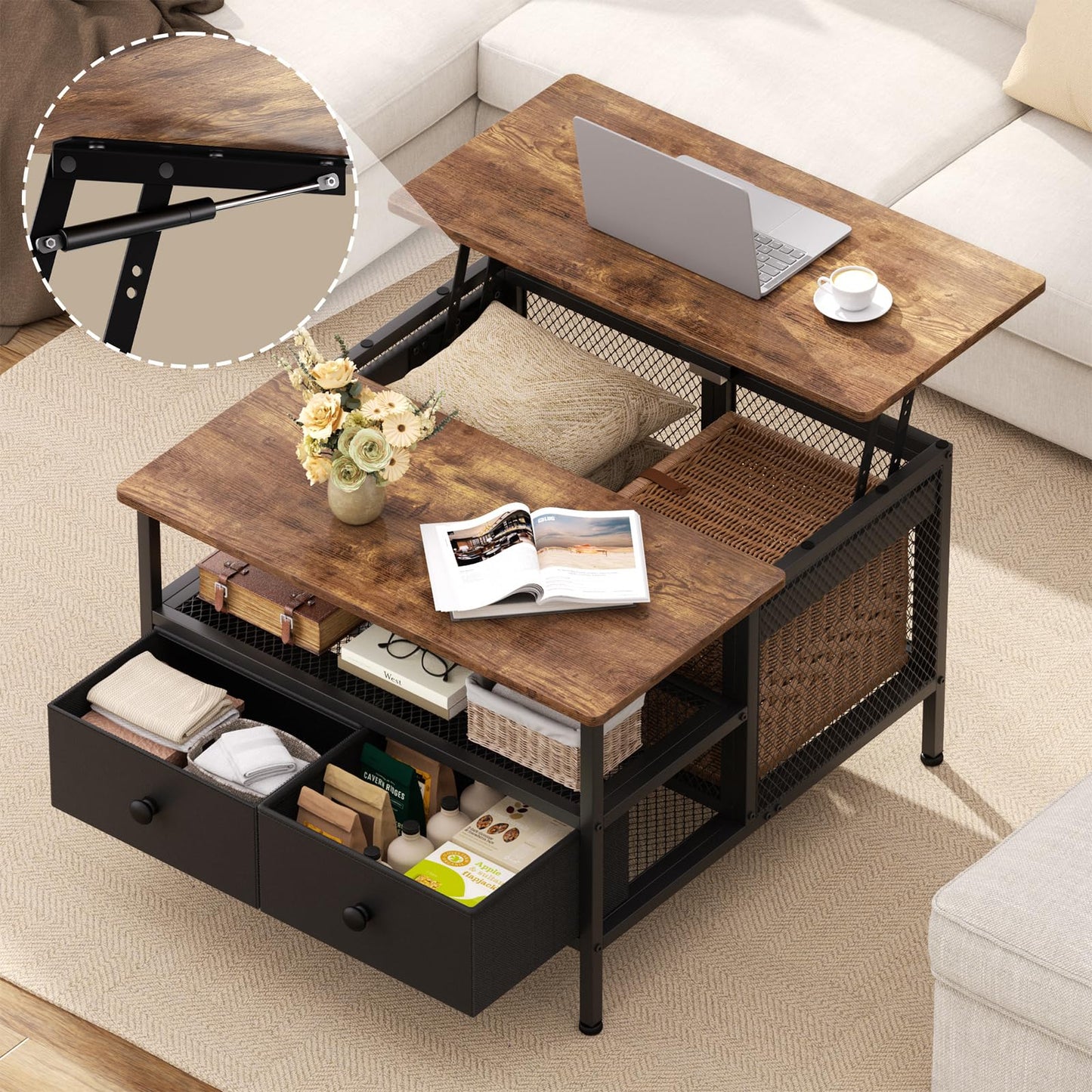 FABATO Lift Top Coffee Table, Square Coffee Table Metal Wood, Farmhouse Lift Up Coffee Tables Cocktail Table with Wire Mesh Barn Door and Storage, Steel Frame, Small Tea Table for Living Room, Black