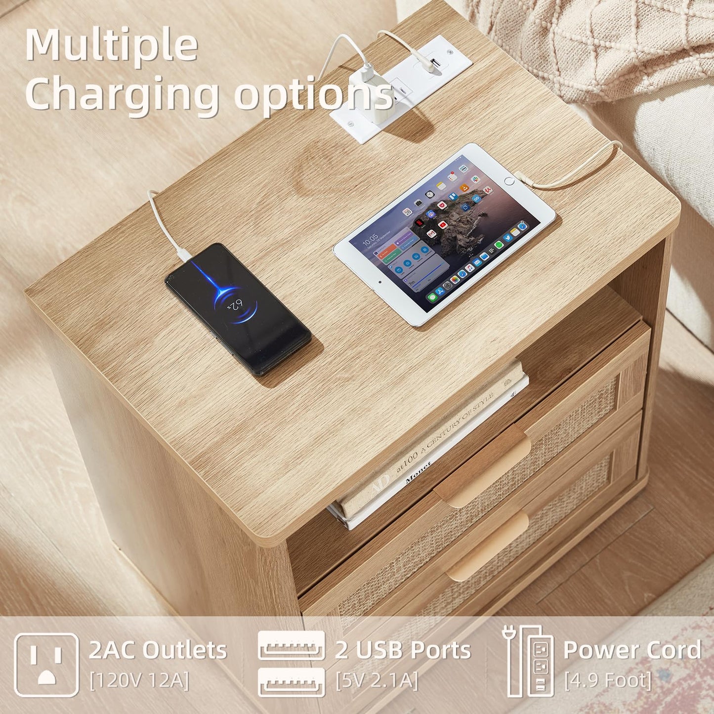 LEYAOYAO Rattan Night Stand with Charger Station, 23" Wide Boho Nightstand with 2 Drawers, Natural Wood Bedside Table Open Storage Cabinet, Bed Side End Tables Dresser for Bedroom, Living Room Hallway