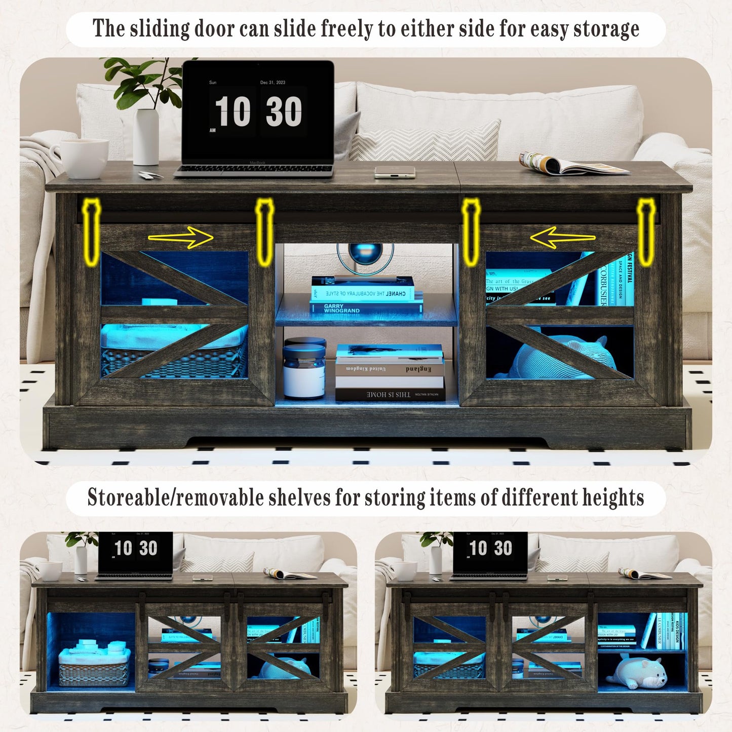 Lift Top Coffee Table with Gun Cabinet, 2 Sliding Barn Doors-Large Storage and 3 Color LED Lights fit Modern Rectangular Rustic Living Room Center Table（Dark Oak）