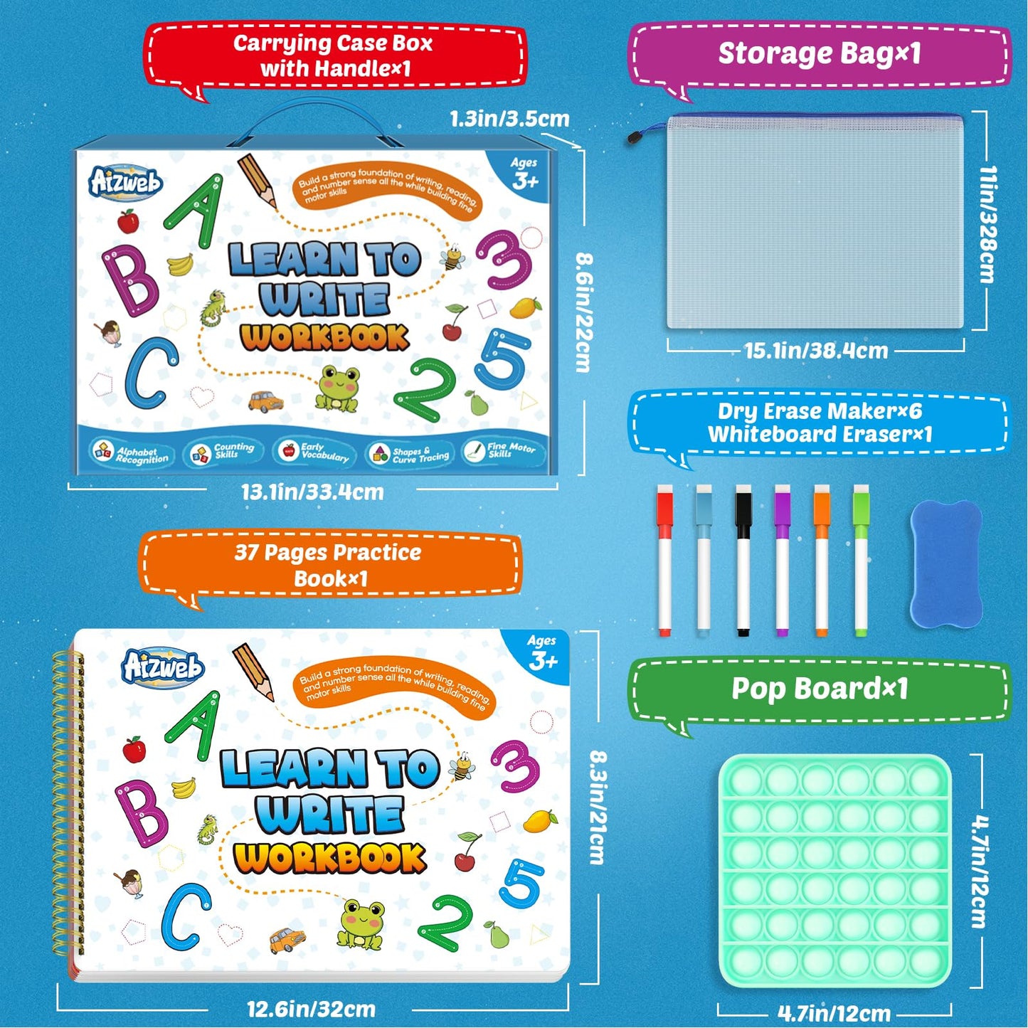 Aizweb Handwriting Practice for Kids,Learn to Write,Pre k Toddler Preschool Kindergarten Learning Activities,Number Shape Letter Tracing Writing Workbook,ABC Alphabet Autism Montessori Toys