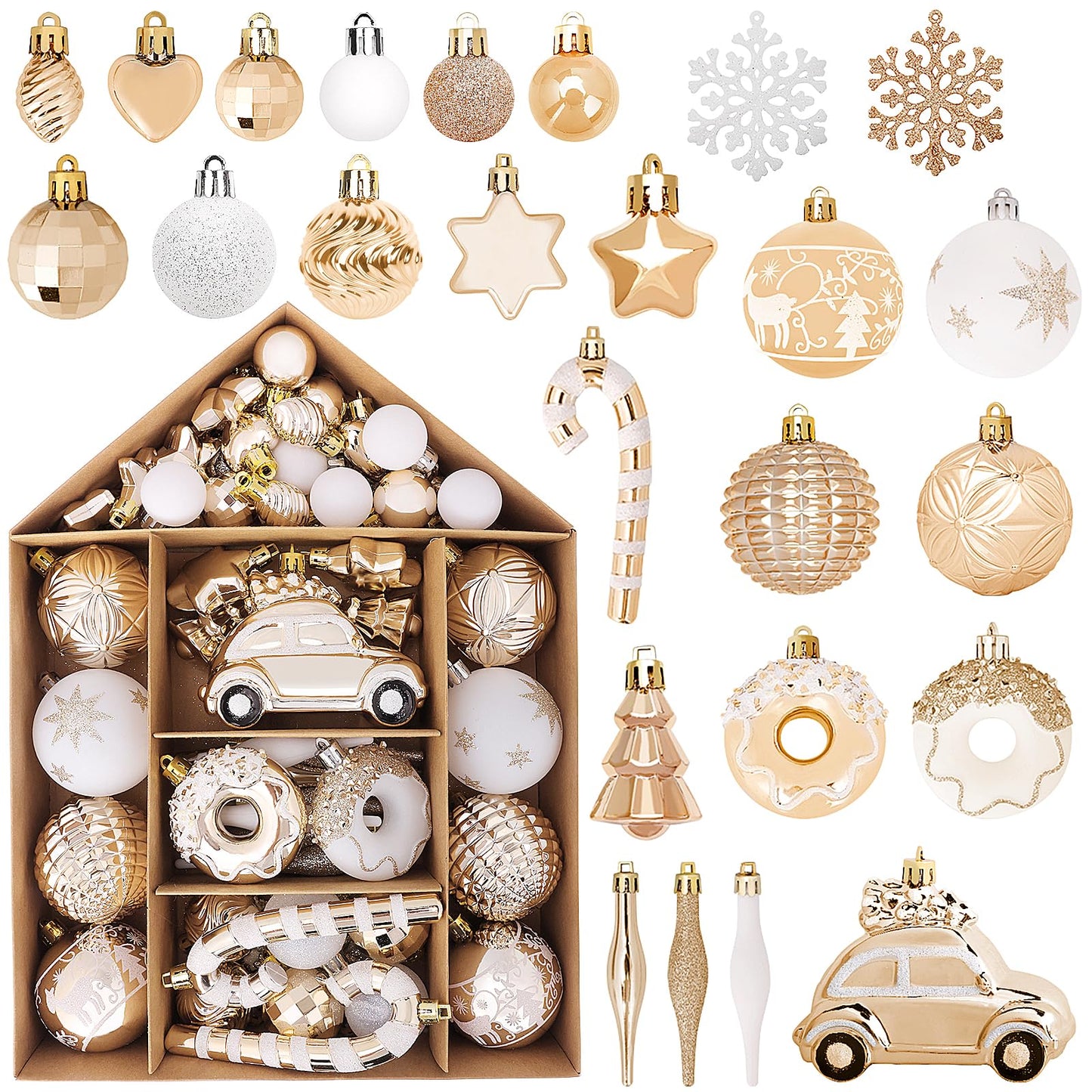 DeckTheHalls Christmas Ornaments 72 Count, Christmas Balls, Shatterproof Christmas Decorations for Tree, Gold Plastic Ornaments (Champagne)