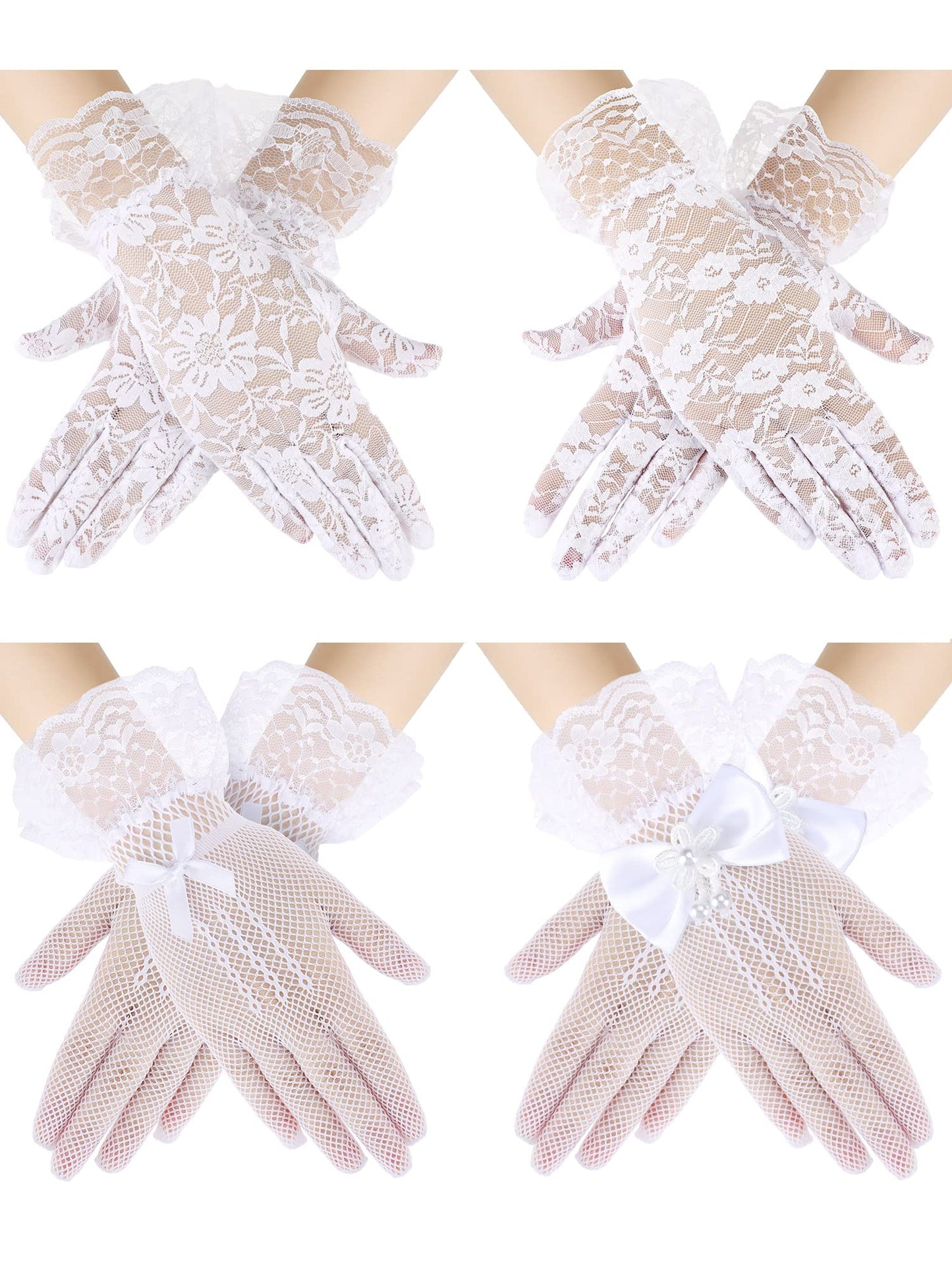 4 Pairs Tea Party Gloves for Little Girls Kids Lace Short White Satin Princess Dressing Gloves with Bows for Party