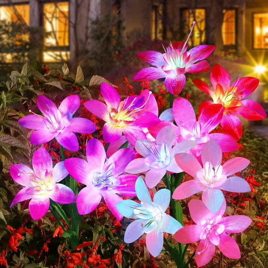 Aukora Solar Garden Lights Outdoor 10 Pack, 5 Colors Lily Flowers & 7-Color Changing Led Lights for Outside, Solar Outdoor Light Waterproof for Pathway Patio Yard Decor, Red Yellow Blue White Purple