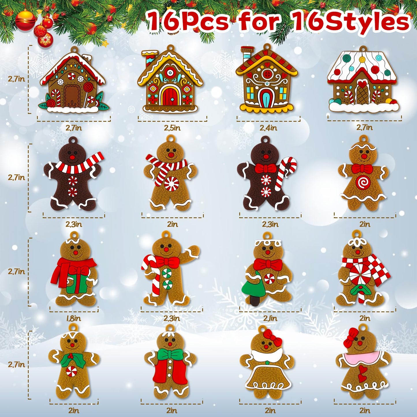 16Pcs Gingerbread Man Ornaments for Christmas Tree Gingerbread Christmas Decorations with Gingerbreads House Ornament for Christmas Tree Hanging Party Decor
