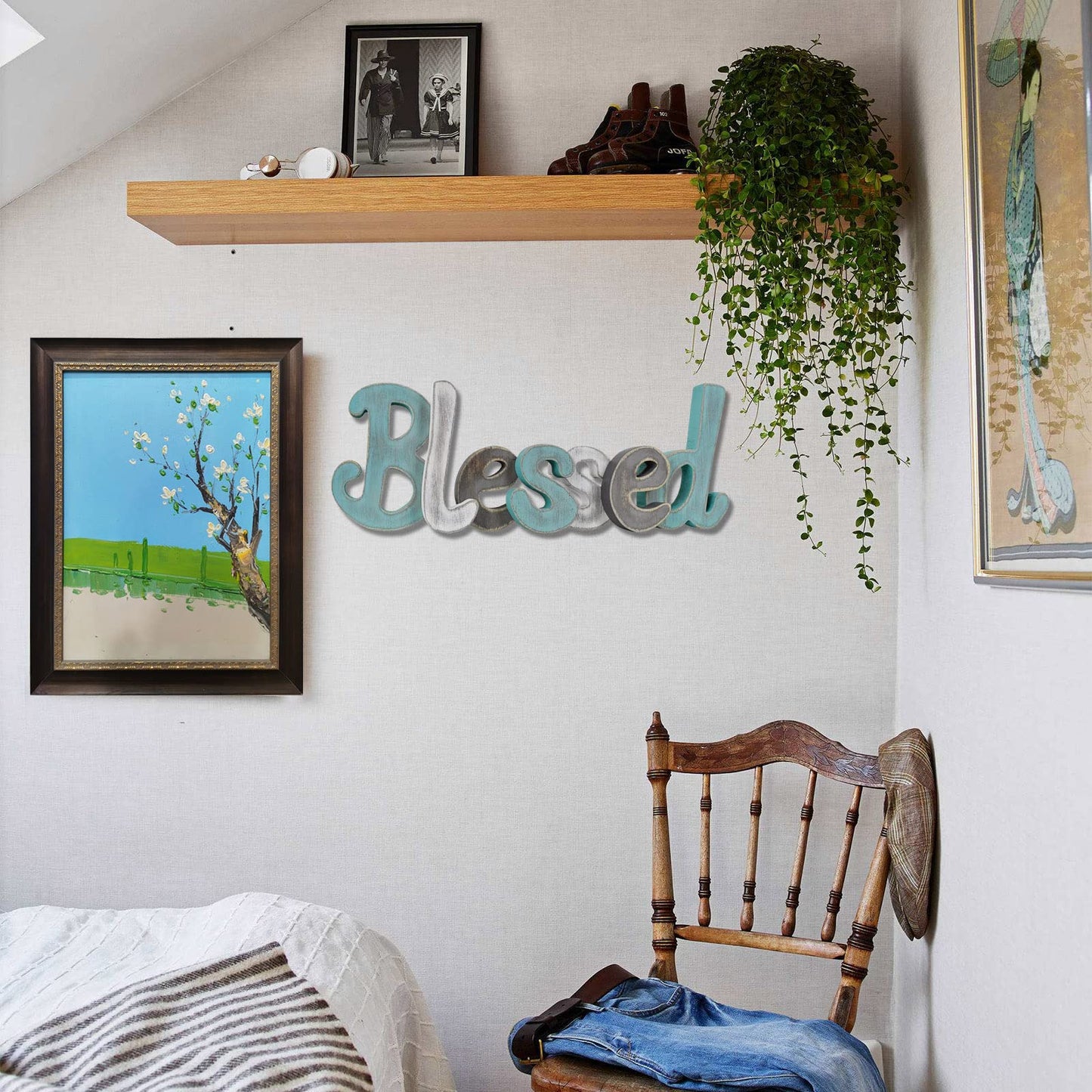 Teal Blessed Wooden Letters Wall Decor Freestanding Cut Out Decorative Wood Word Decor Signs for Living Room Shelf Mantel Table Top Rustic Home Decor