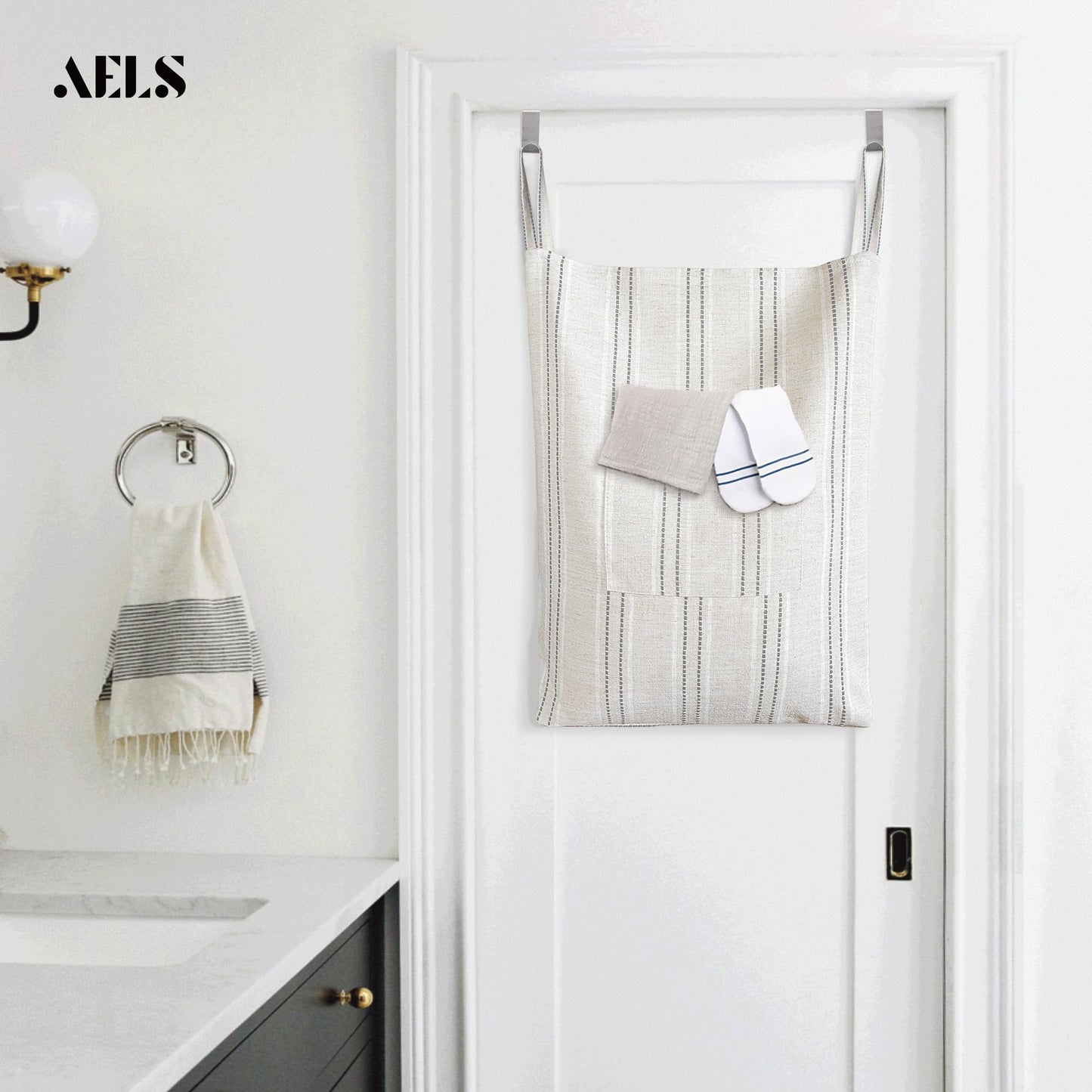 AELS Farmhouse Hanging Laundry Hamper with 2 Hooks, Boho Beige & Gray Stripes Laundry Bag with Zipper & Wide Open Top, Over the Door Organizer for Dirty Clothes, Washable Space Saving Storage