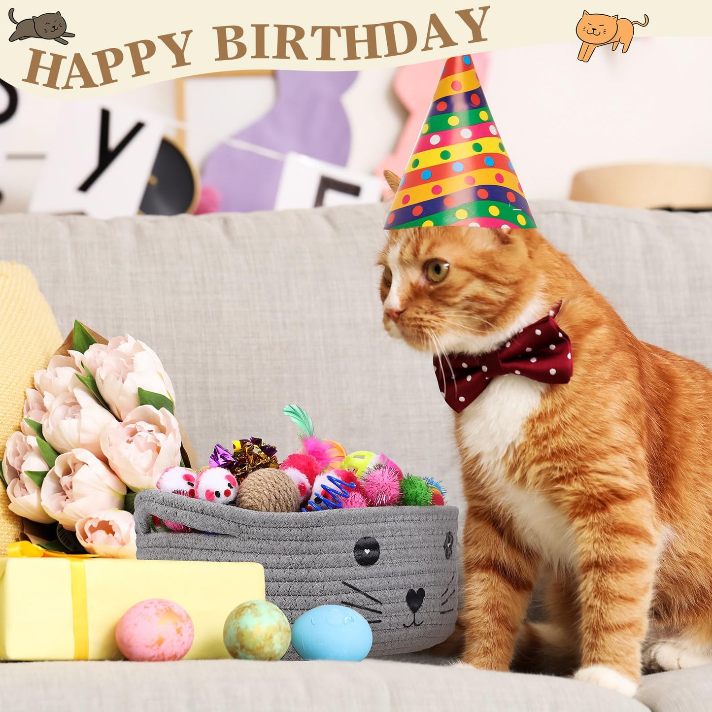 Zopeal 58 Pcs Cat Storage Basket Gift Toys Set, Colorful Flashing Balls Pet Bell Crinkle Balls Spring Toys Attract Cat to Swat, Bite, Hunt, Interactive for Pet(Gray)