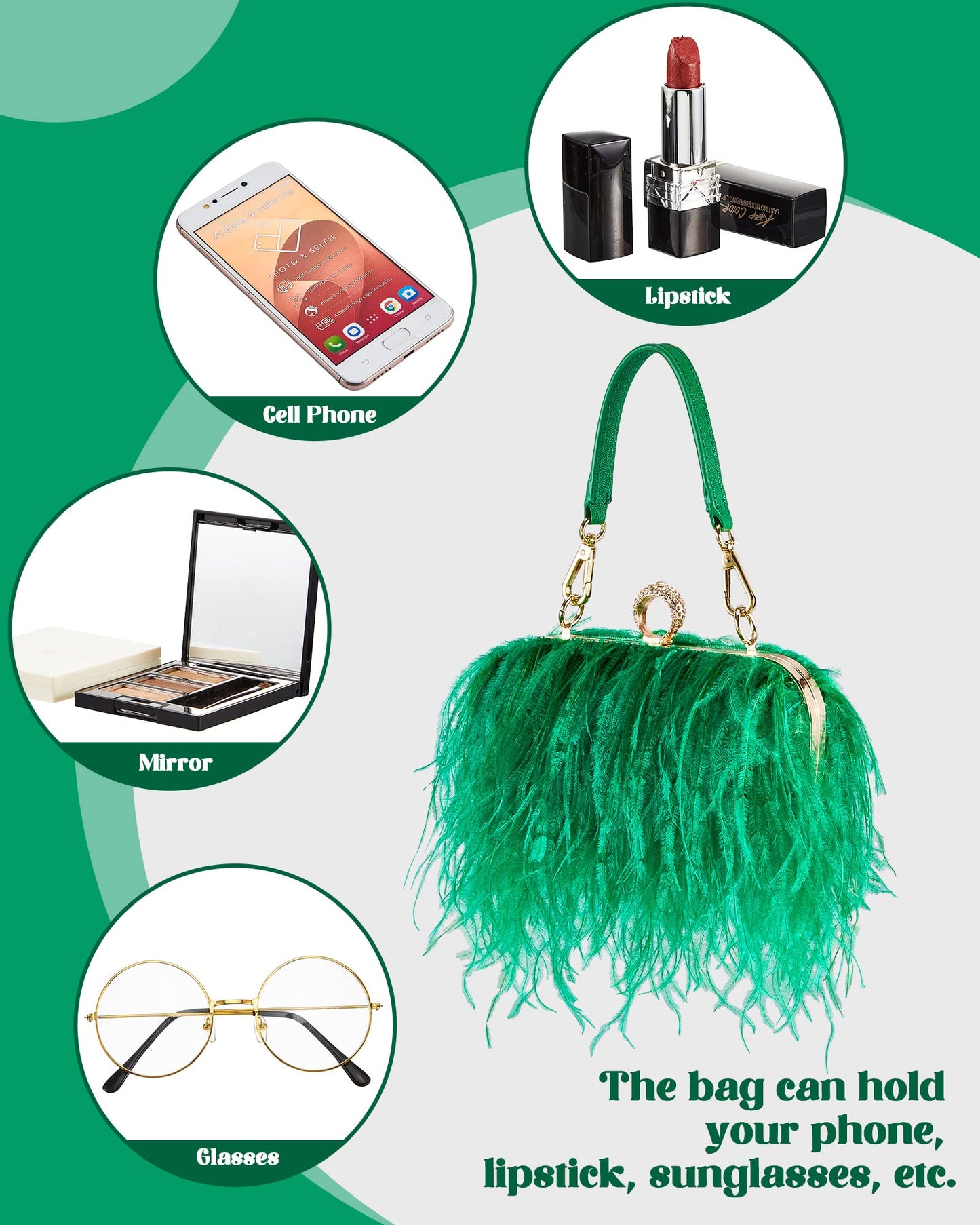 Tessco Women Ostrich Feather Tote Bag Fluffy Purse Clutch Feather Evening Handbag for Wedding(Green)