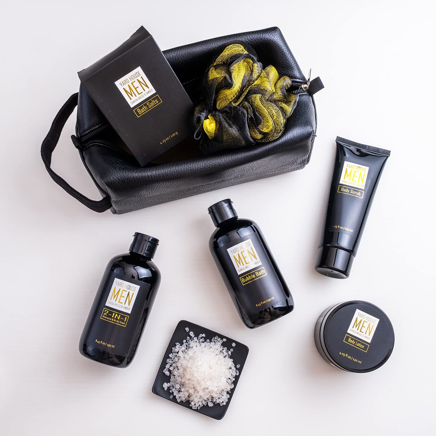 YARD HOUSE Bath and Body Spa Gift Baskets Set for Men - Sandalwood Amber - 7Pc Full Size Spa Kit in Toiletry Bag - Fathers Day Gifts For Husband, Dad From Wife, Daughter Son, Birthday Gifts For Him