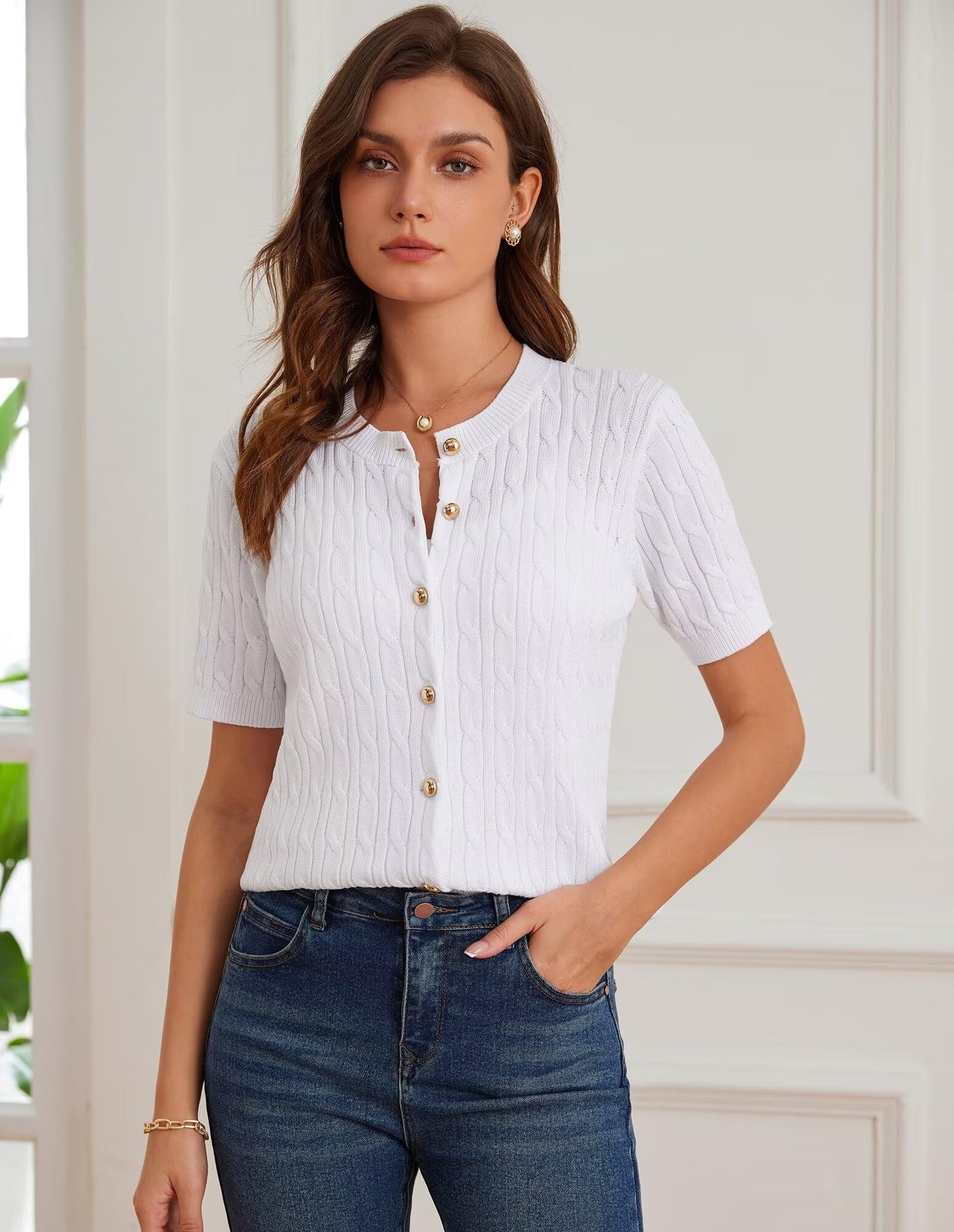 GRACE KARIN Women's Short Sleeve Sweater Cardigan Button Up White Sweater Cable Knit Soft Dressy Cardigan M