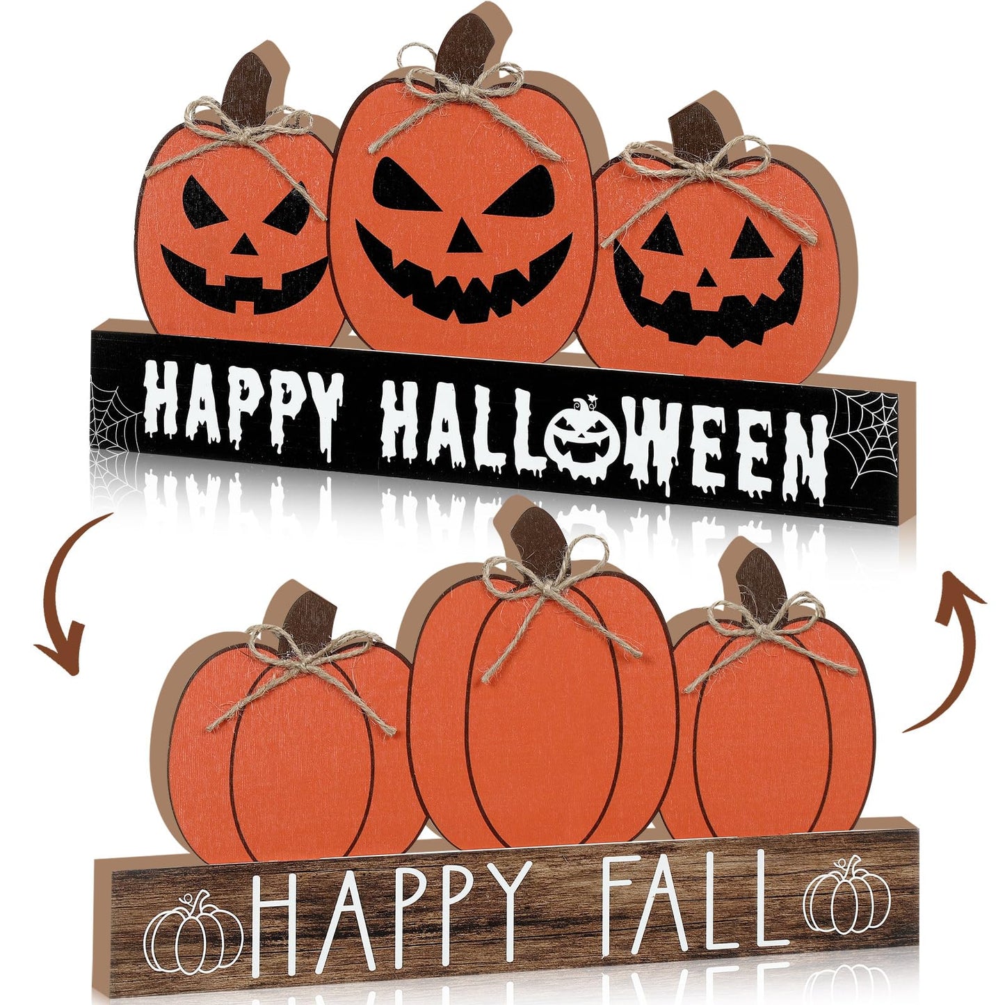 Purpeak Fall Wooden Table Sign Double Side Halloween and Thanksgiving Tabletop Pumpkin Sign Happy Fall Wood Block Tiered Tray Decor for Home Shelf Party Decor