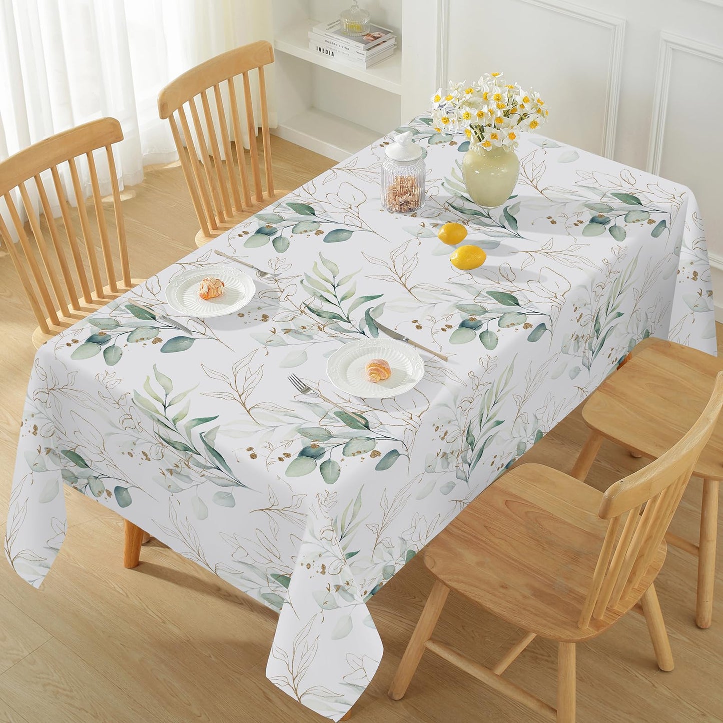 Honellaty Summer Tablecloth 52" x 70" Rectangle, Eucalyptus Leaves Table Cloths Spill-Proof Stain Resistant Wrinkle Free Table Cover for Dining, Party, Picnic