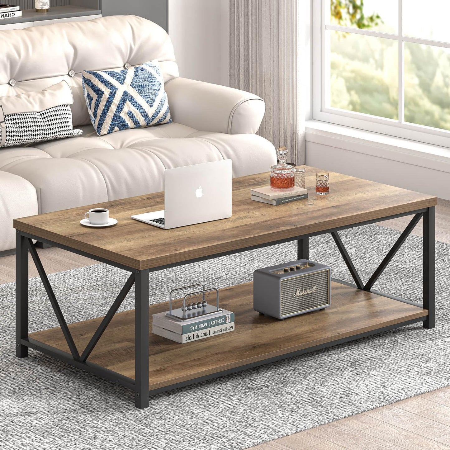 FOLUBAN Modern Coffee Table, Living Room Center Table with Storage, Wood and Metal Cocktail Table, Rustic Oak, 47 Inch
