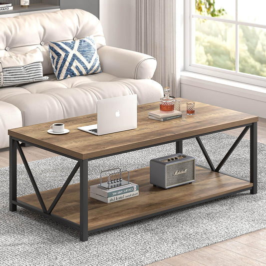 FOLUBAN Modern Coffee Table, Living Room Center Table with Storage, Wood and Metal Cocktail Table, Rustic Oak, 47 Inch