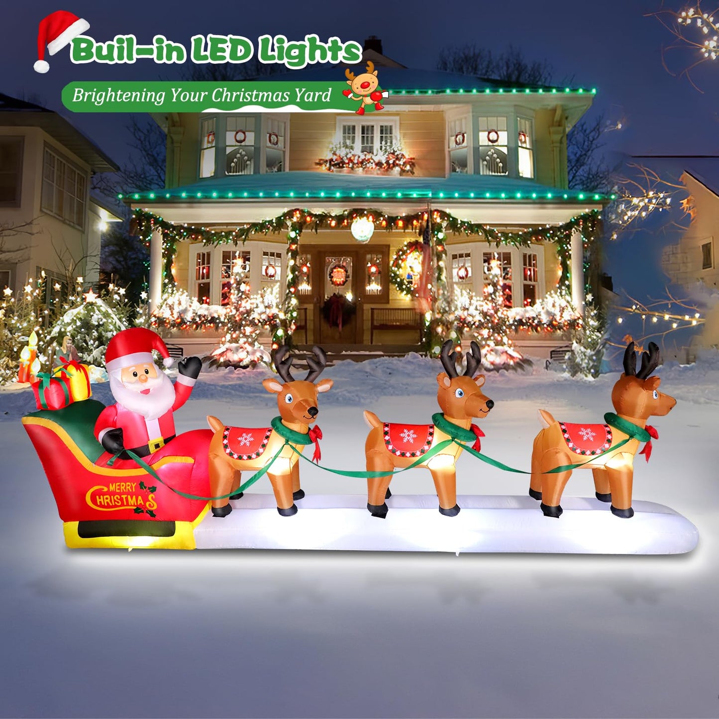 12FT Long Christmas Inflatables Santa Claus on Sleigh with 3 Reindeer Yard Decoration, Cute Blow Up Santa Xmas Decor with Bright LED Lights for Outdoor Garden Lawn Home Holiday Party