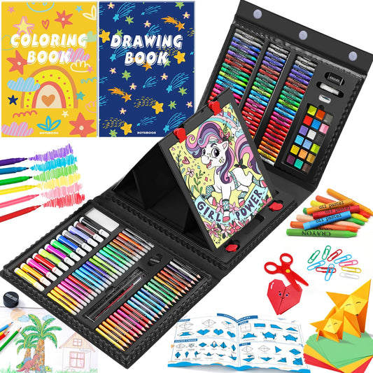 All in One Art Supplies, Art Kit Includes Easel, Origami Paper, Colored Pencils, Crayons, Drawing Book, Coloring Book, Watercolor Pens, Markers and Oil Pastels, Gifts for Girls Boys Teens, Pink