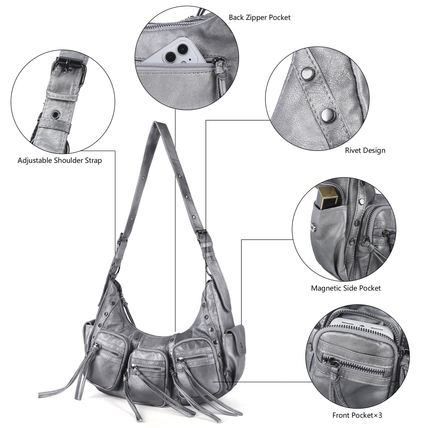 Angel Kiss Hobo Bags Purse for Women Y2K Shoulder Bag Multi Pockets Designer Satchel Studded Handbags with Strap