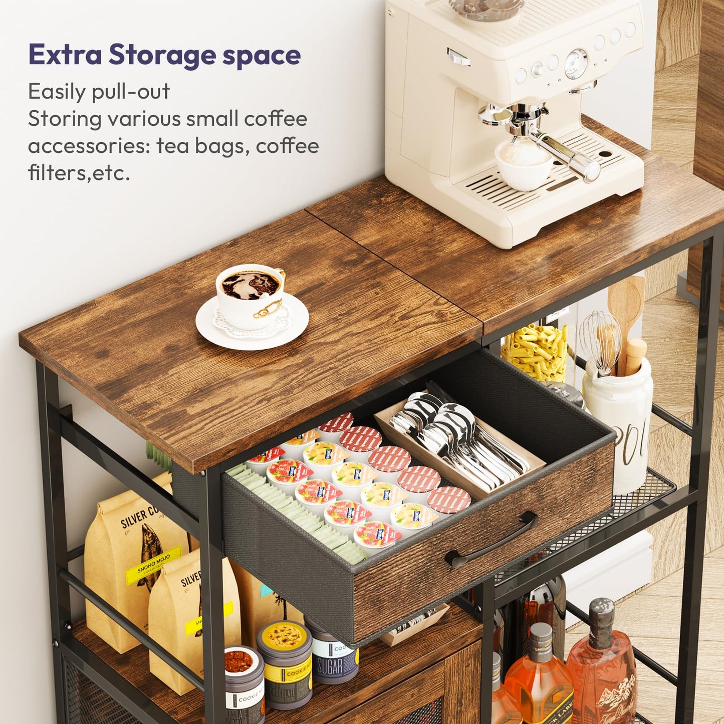 SWTYMIKI Coffee Bar Cabinet for Home - Farmhouse Coffee Stand Station Multi-Purpose Buffet Sideboard Cabinet with Drawers - Kitchen Bar Table for Living Room, Corner, Small Space, Espresso