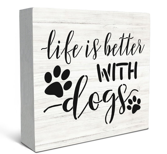 SRADMO Life Is Better with Dogs Wood Box Sign Desk Decor, Dog Lovers Saying Rustic Wooden Block Box Sign Decoration For Home Living Room Shelf Table Decor
