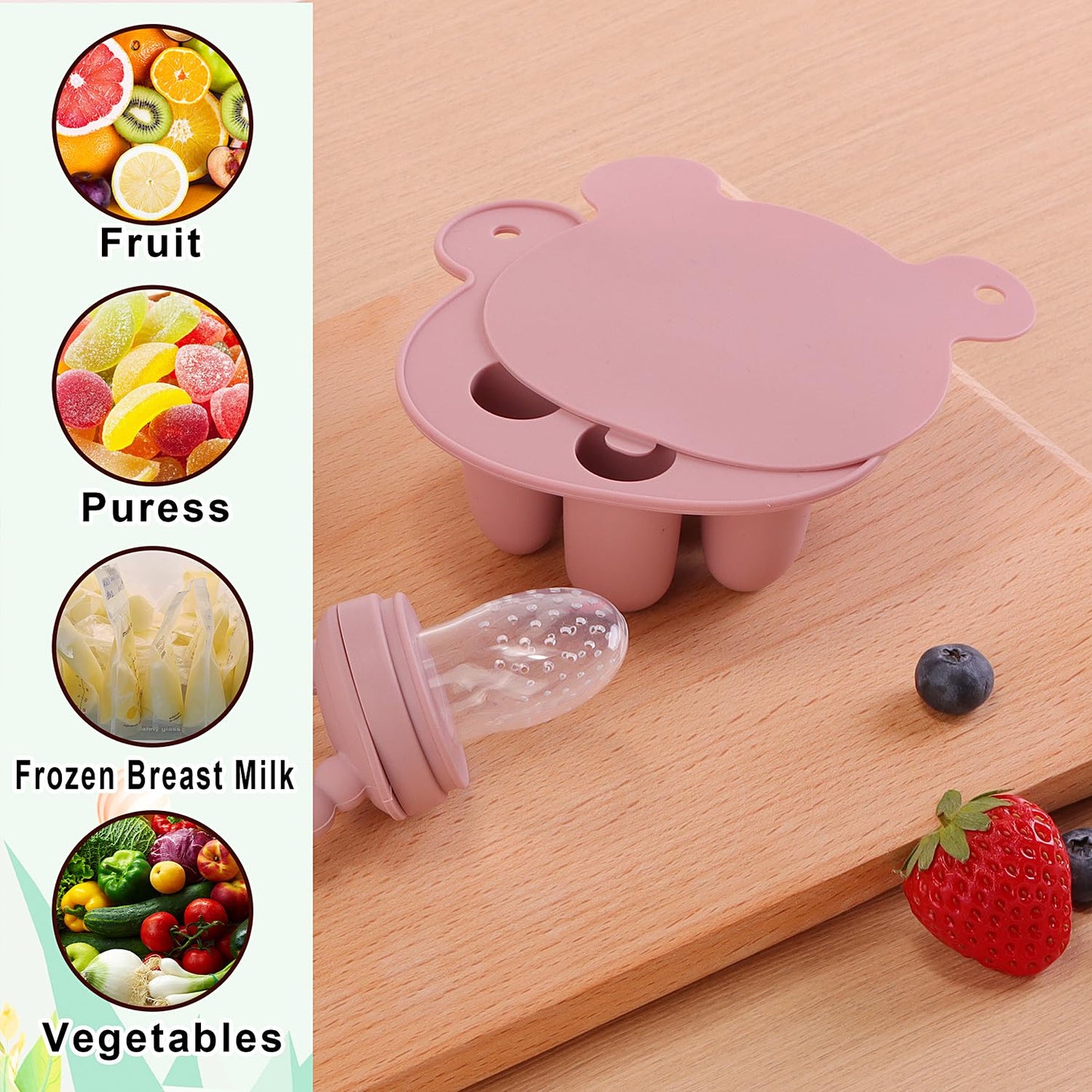 Baby Fruit Feeder Pacifier - 3 Pack | 1 Baby Food Feeder & 1 Baby Teether & 1 Baby Popsicle Molds | Breastmilk Popsicle molds | Baby Teething Toys | Baby Fruit Food Feeder Pacifier Babies (Blush)