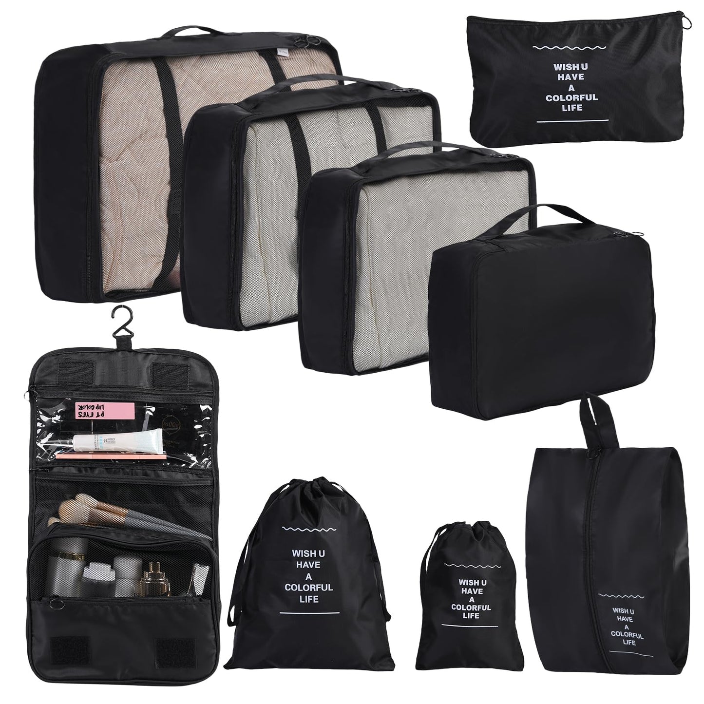 Packing Cubes Storage Luggage Organizers Bags 9 set for Travel Clothing Classification Storage Bag (Black, 9 Pieces)