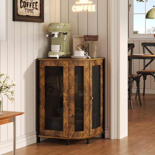 keomaisyto Coffee Bar Cabinet, 3-Tier Corner Coffee Cabinet with Storage Shelf & 18.7" Countertop, Rustic Wood Corner Bar Station with Magnetic Door for Kitchen/Entrance/Living Room/Dining Room