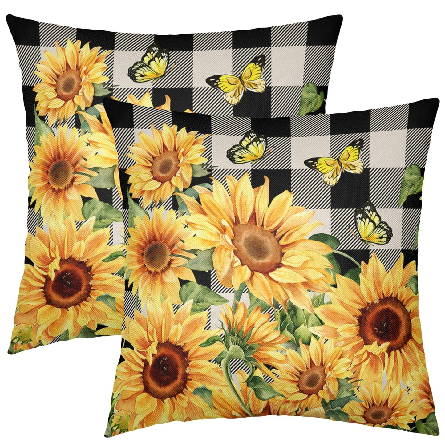 Sunflower Pillow Covers 18x18 Set of 2 Yellow Floral Butterfly Spring Summer Buffalo Plaid Outdoor Decorative Throw Pillows Farmhouse Pillowcases Linen Cushion Case Decor for Home Sofa Couch Bed