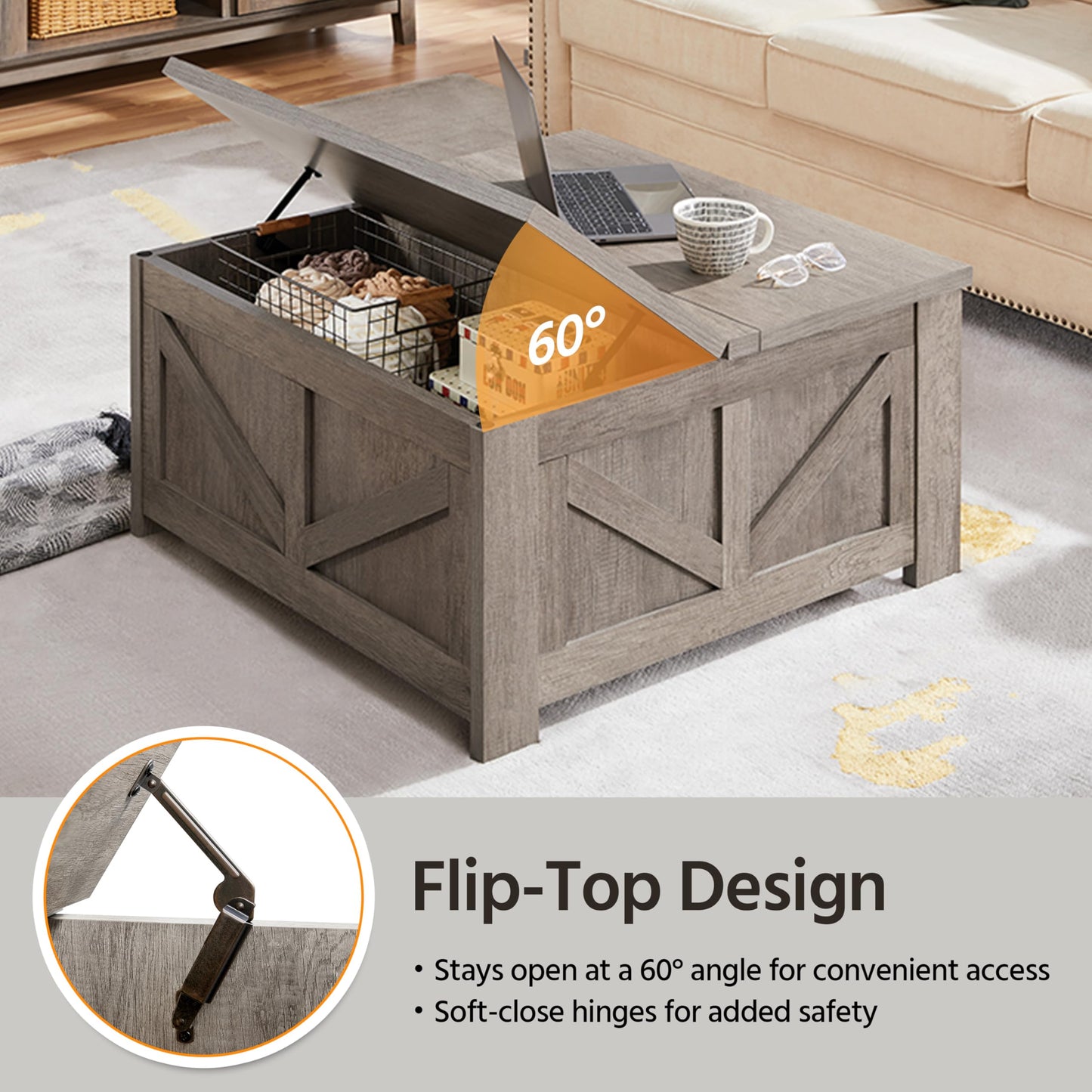 Yaheetech Lift Top Coffee Table, Square Farmhouse Coffee Table with Hidden Storage Compartment, Wood Center Table for Living Room, Home Office, Gray