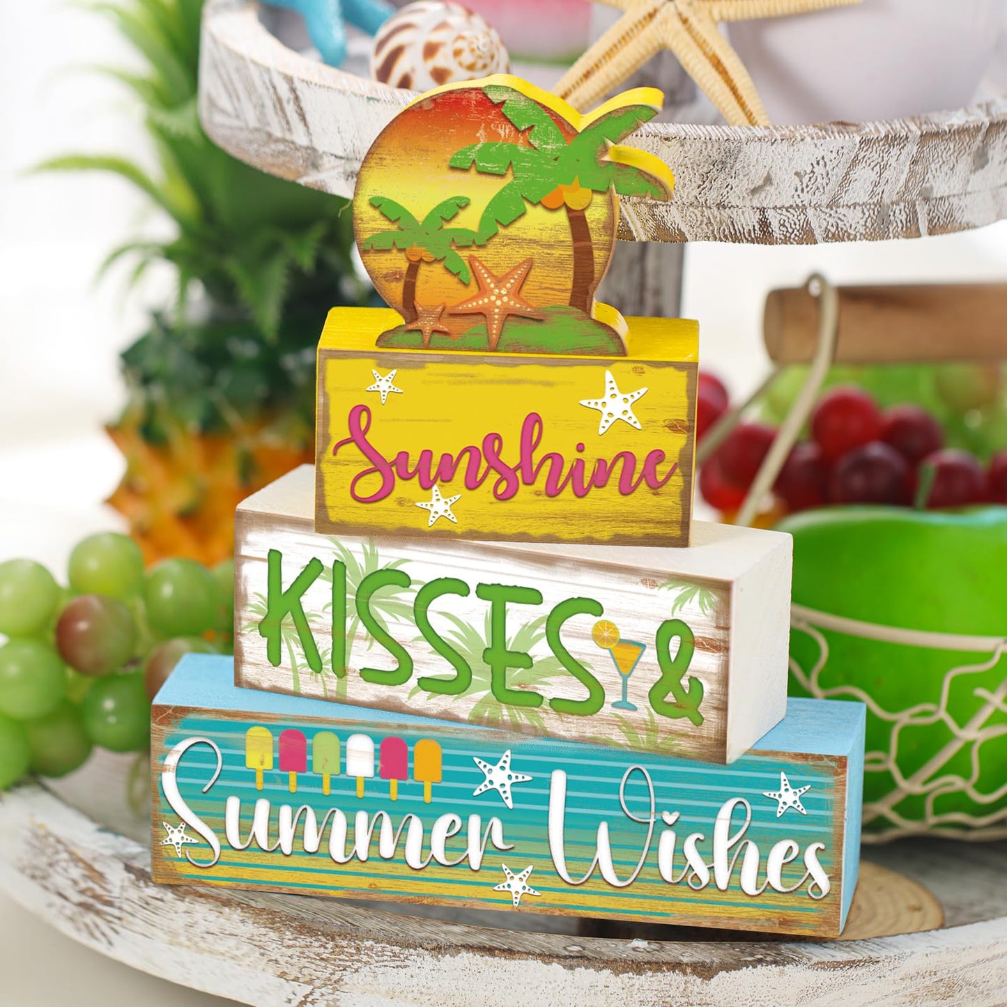 Burbell 4 Pcs Summer Wooden Tiered Tray Decor Farmhouse Rustic Table Decor Books Stack Block Signs for Table & Home Office Decorations(Hawaii Style)