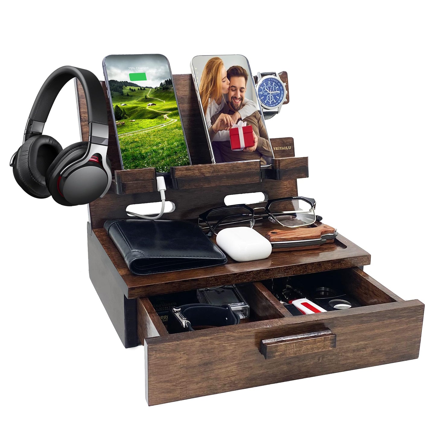 Gifts for Men Women Husband Son Boyfriend Him Nightstand Organizer Wood Phone Docking Station Birthday Gifts (Walnut)