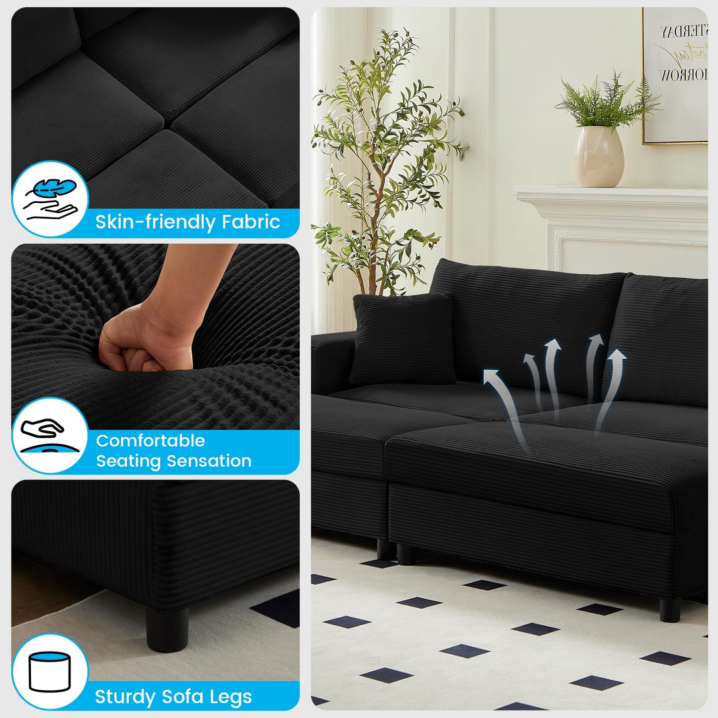 Mjkone Chaise Lounge Chair Indoor, 86 "W Oversized Double Sleeper Sofa with 2 Ottomans, Extra-Large Corduroy Upholstered Modular Sectional Couch Deep Seat for Reading, Living Room, Office, Black