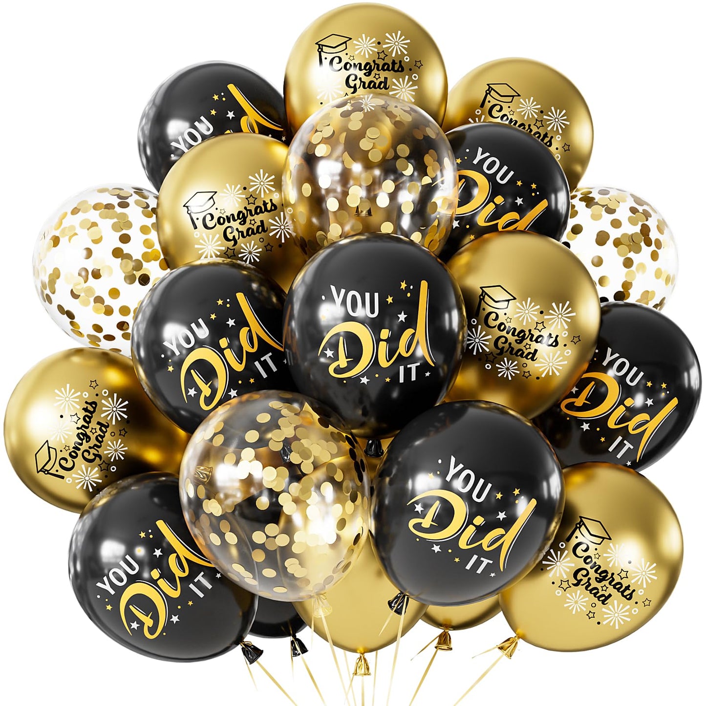 Graduation Balloons, Congrats Grad Balloons 12 Inch Black and Gold Balloon Class of 2025 Gold Confetti Latex Balloon for College High School Happy Graduation Party Decorations Supplies (18Pcs)