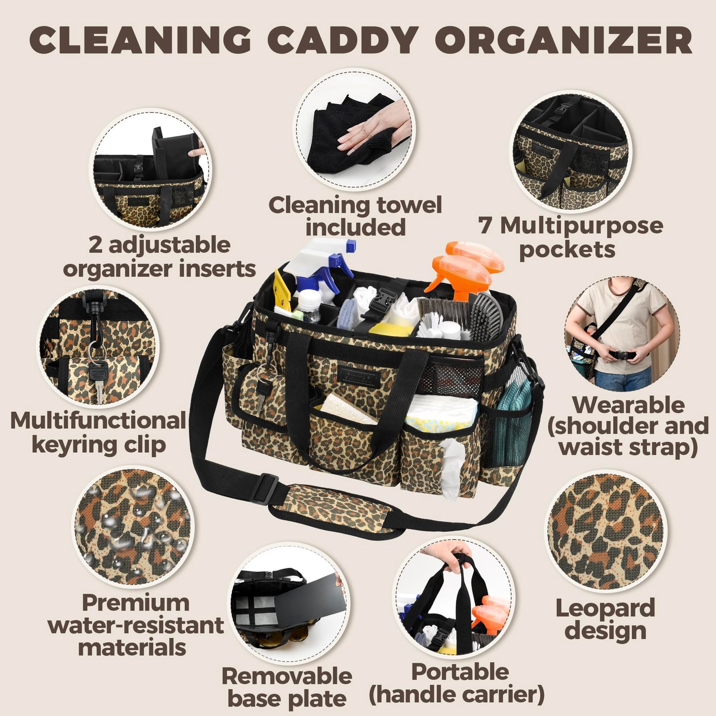 Storage Standard Cleaning Caddy Organizer with Handle - Small Cleaning Caddy Supplies Bag with Shoulder & Waist Strap - Cleaning Supplies Organizer with Cleaning Cloth - Leopard