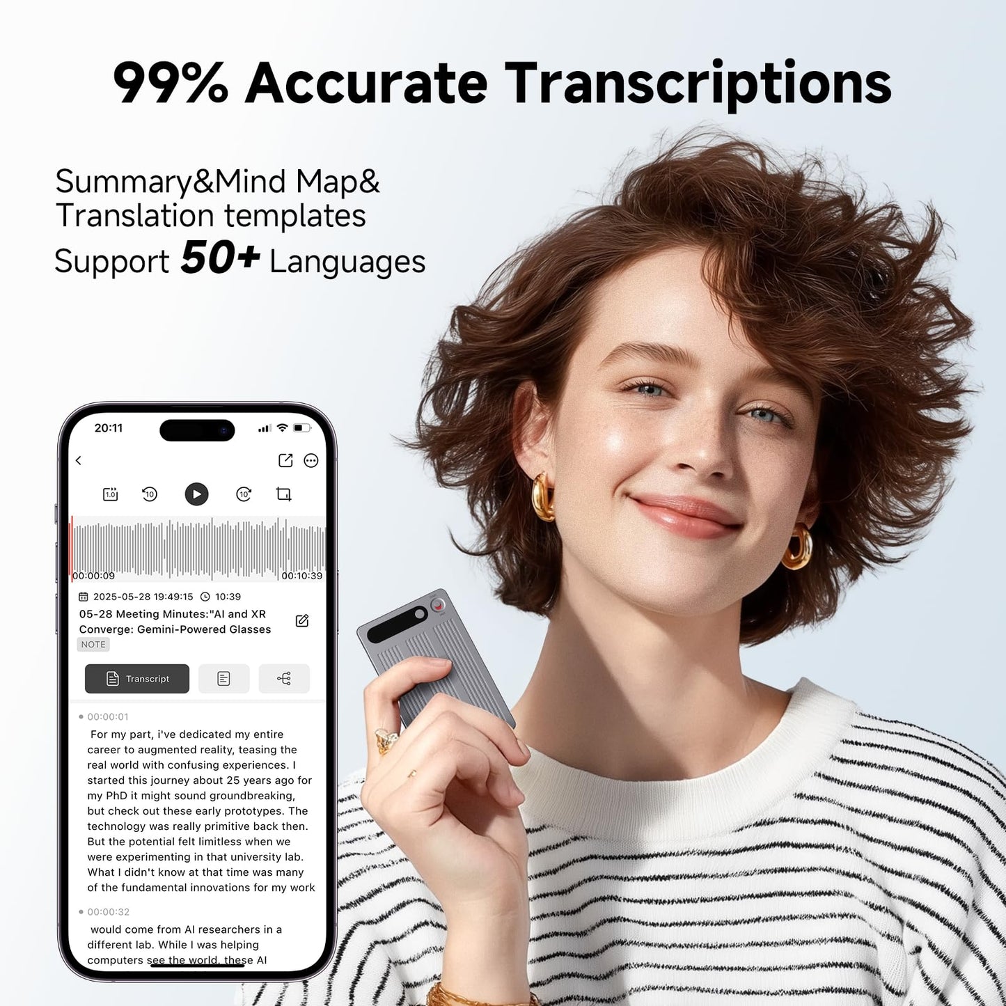 AI Voice Recorder, Note Voice Recorder with Transcribe＆Summarize, Two-Way Translation with APP, 50+ Languages, 64GB Memory, Recording Device Compact&Lightweight for Lectures, Meetings, Calls,Interview