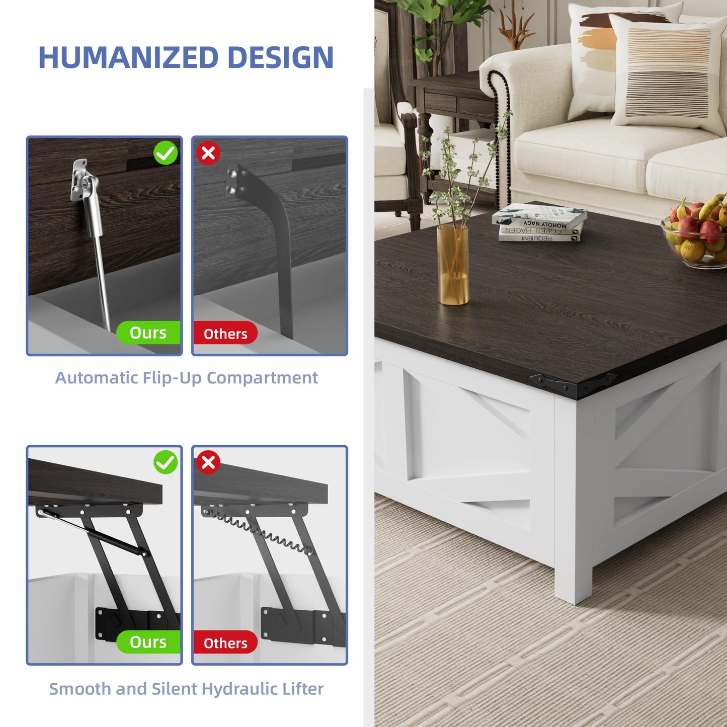 Buytime Farmhouse Lift Top Coffee Table with Storage, Wood Square Center Table with Charging Station, Living Room Table with Large Hidden Space, Rustic White