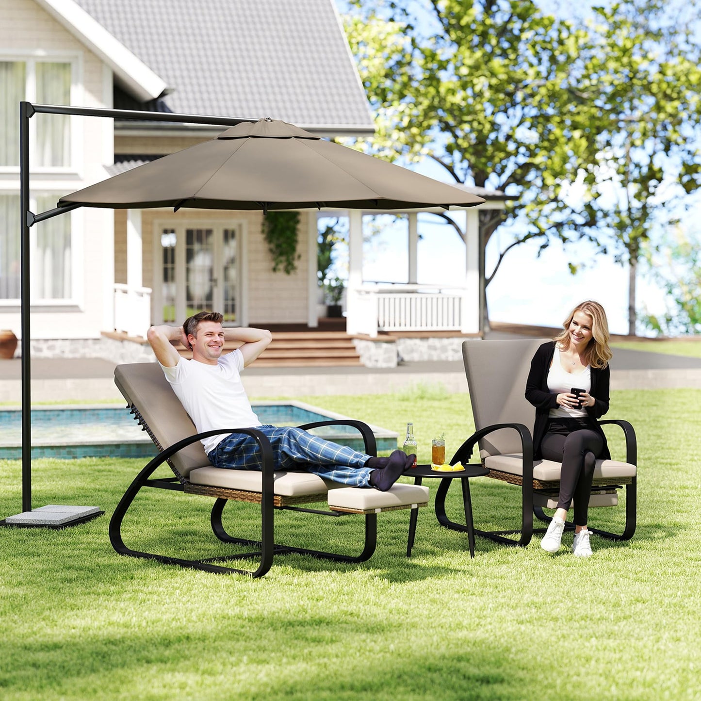 DAYARUS 3 Piece Patio Furniture Set with Pullout Footrest, Adjustable Backrest Patio Conversation Set, Metal Patio Chairs with Coffee Table, Outdoor Furniture Lounge Recliner for Lawn/Balcony, Khaki