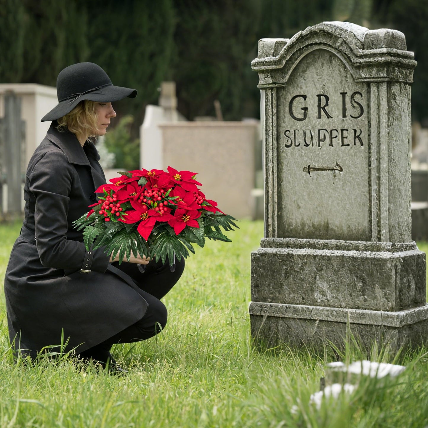 Uqueeten Poinsettia Flowers Artificial Christmas Grave Decorations for Cemetery Sympathy Flowers Cemetery Vases for Grave Fake Flowers Christmas Cemetery Decorations Plastic Christmas Flowers (Red)