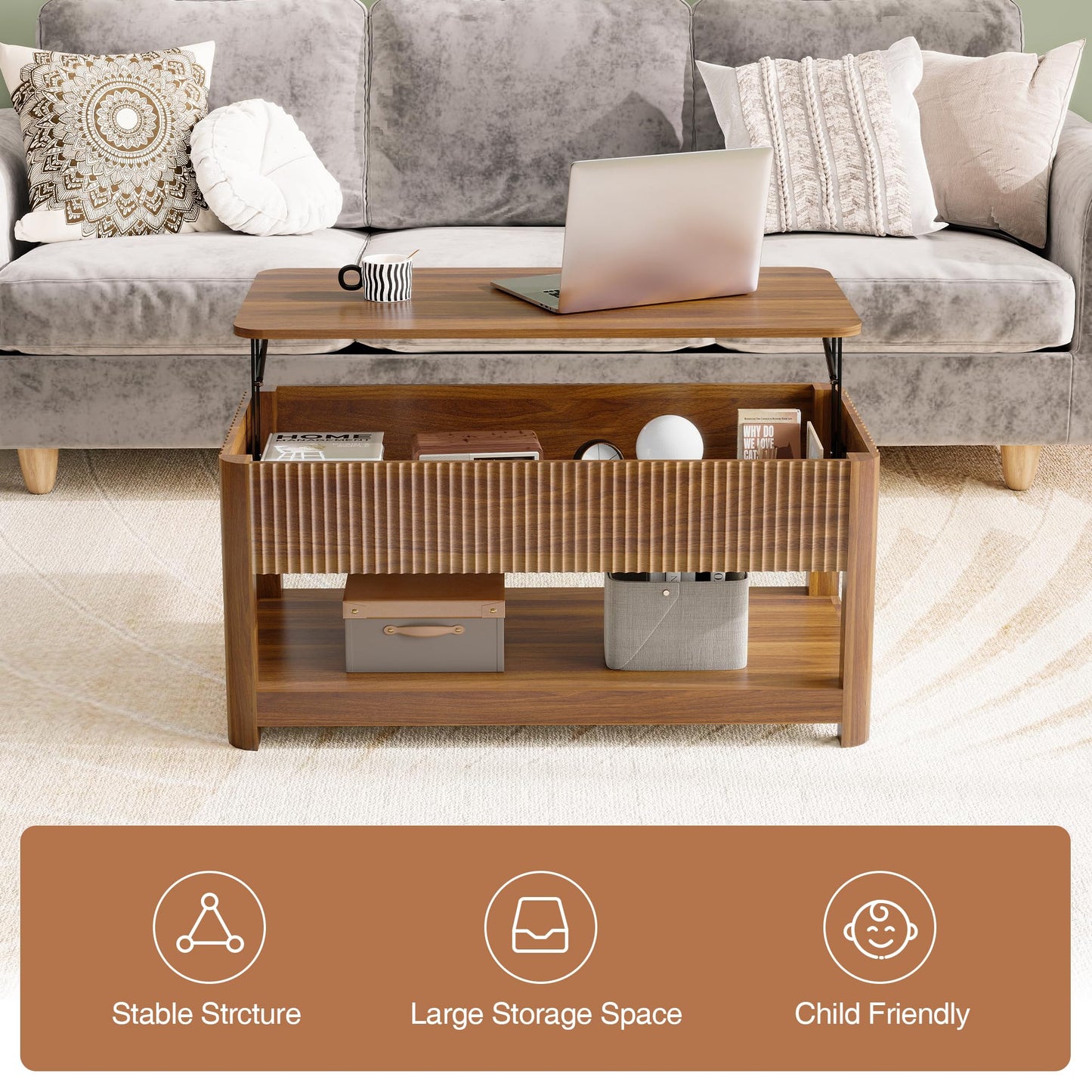 Nasonet Lift Top Coffee Table with Storage, Mid Century Modern Coffee Table with Hidden Compartment, Fluted Wood Center Table for Small Space, Living Room, Home Office(Walnut)