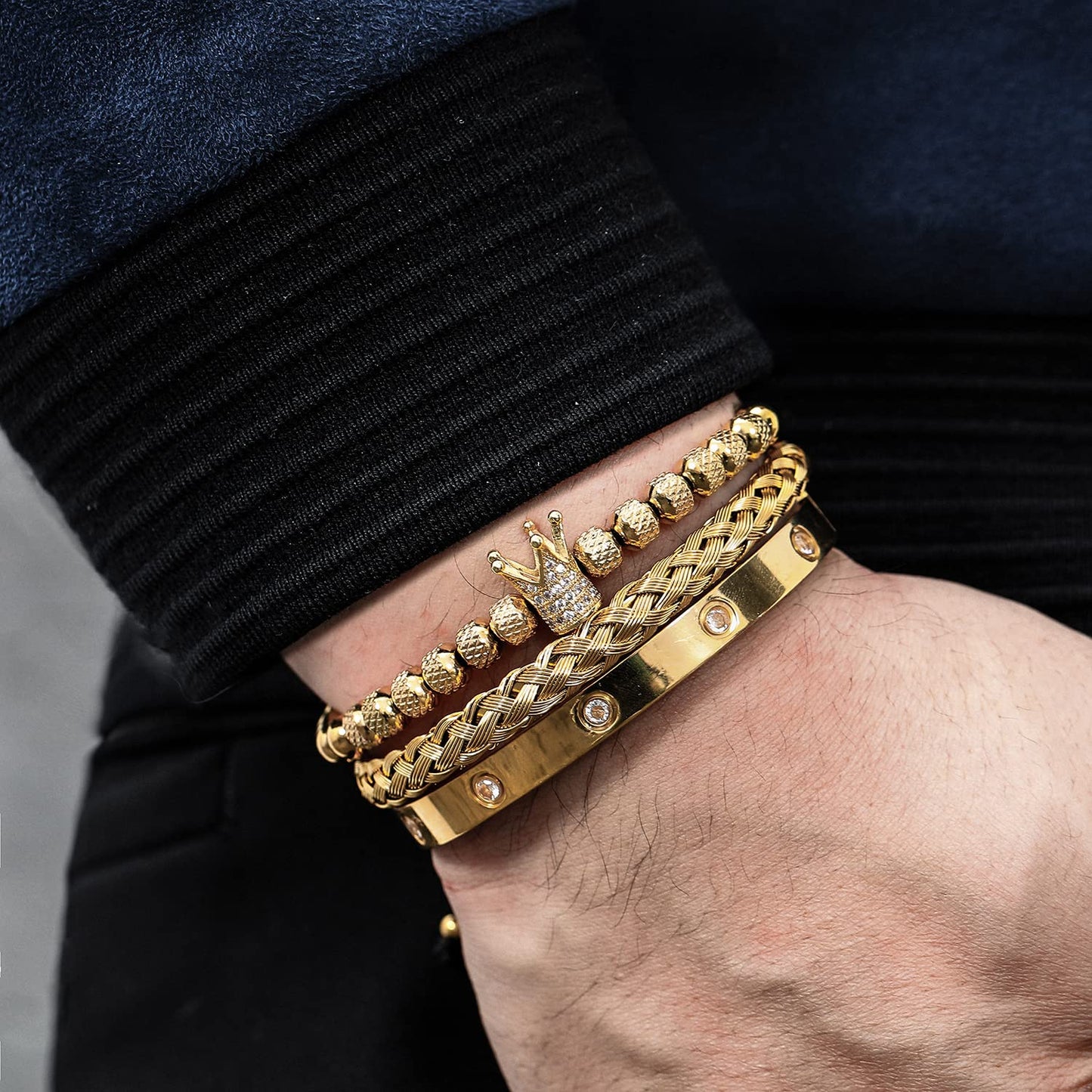 WFYOU 3PCS Stainless Steel Imperial Crown Bracelets for Men Gold Roman Numeral Bangle Bracelet Adjustable Cuff Bracelet Mens Luxury Jewelry Gifts (01:Gold-Cubic Zirconia)