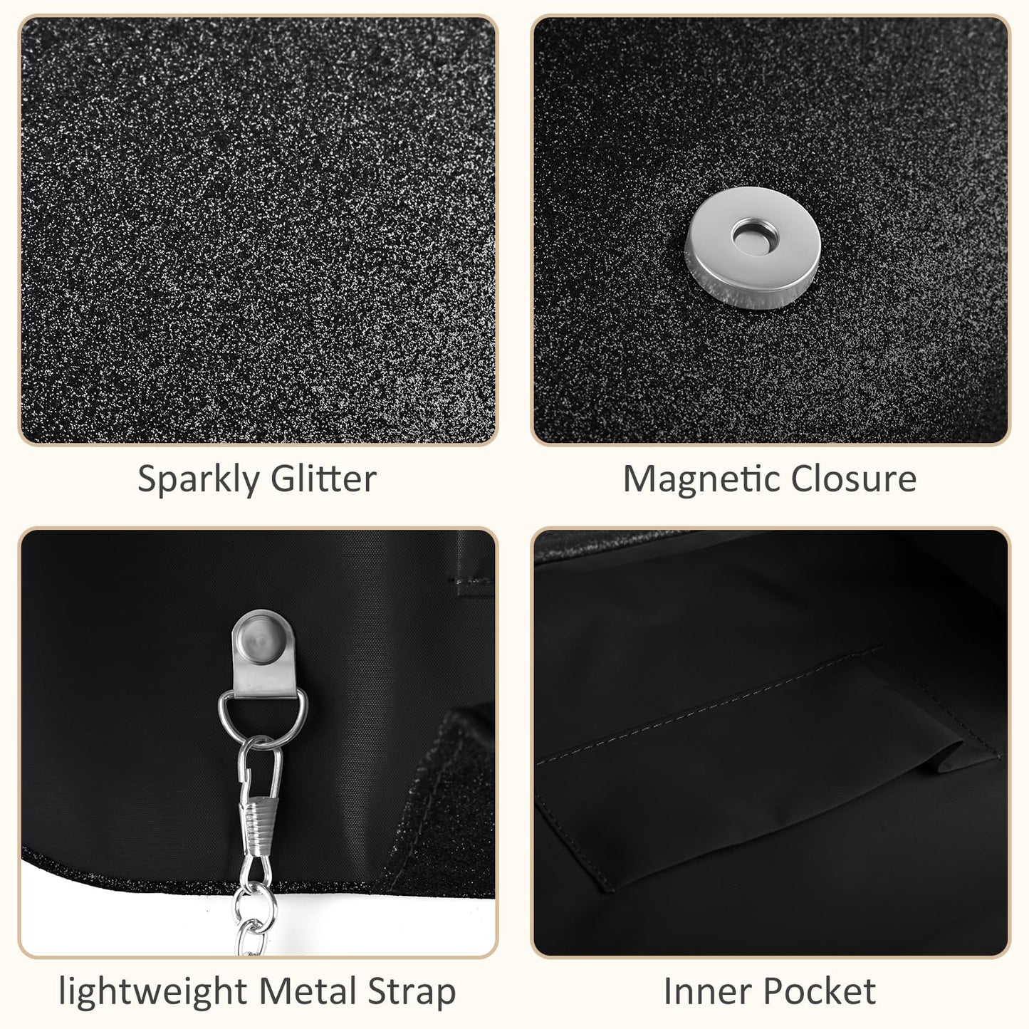 PACETAP Women's Evening Bag Clutch Purse, Glitter Party Wedding Handbag with Chain for Women Formal Wedding Party Cocktail Prom Dinner(Black)