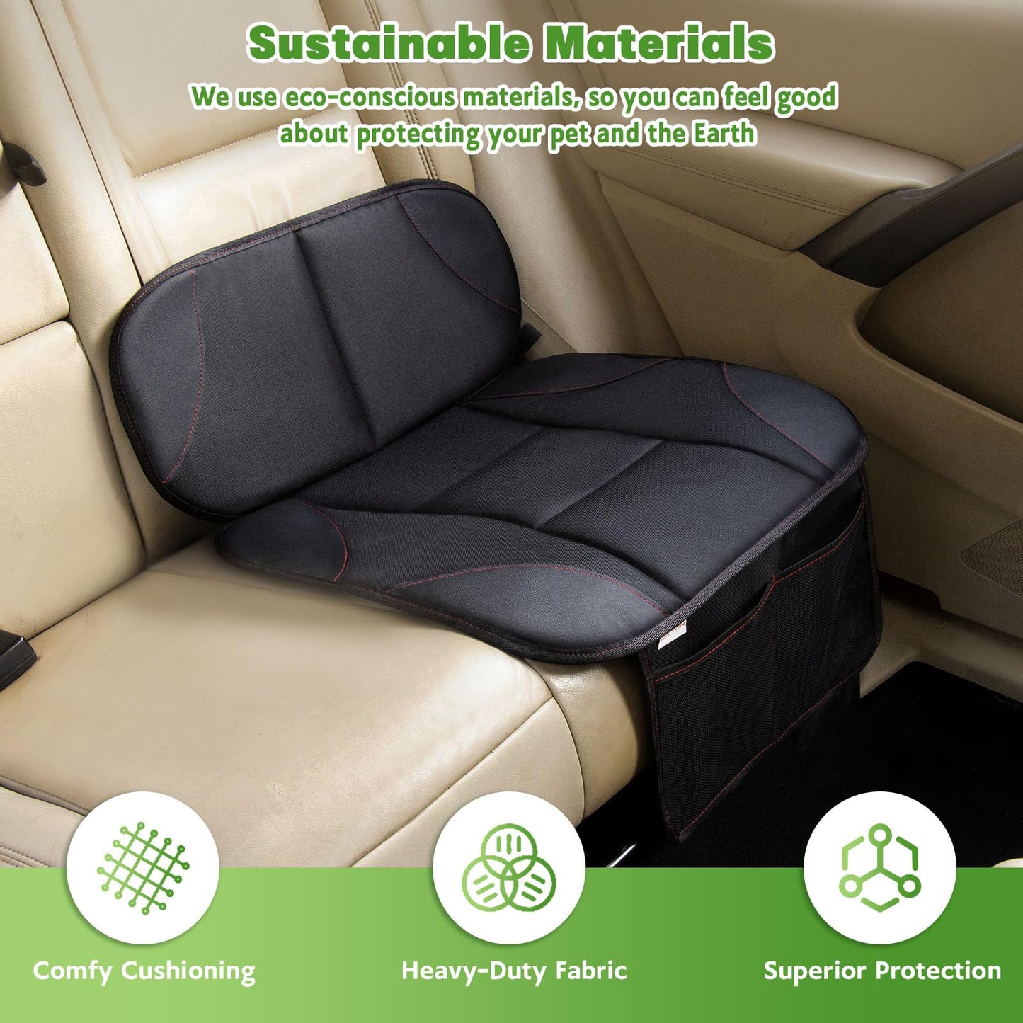 Siivton Kids Booster Seat Protector Mat, Thick, Anti-Slip, Waterproof, with Mesh Pockets for Toys & Snacks, Fits Most Cars, Black - 2 Pack