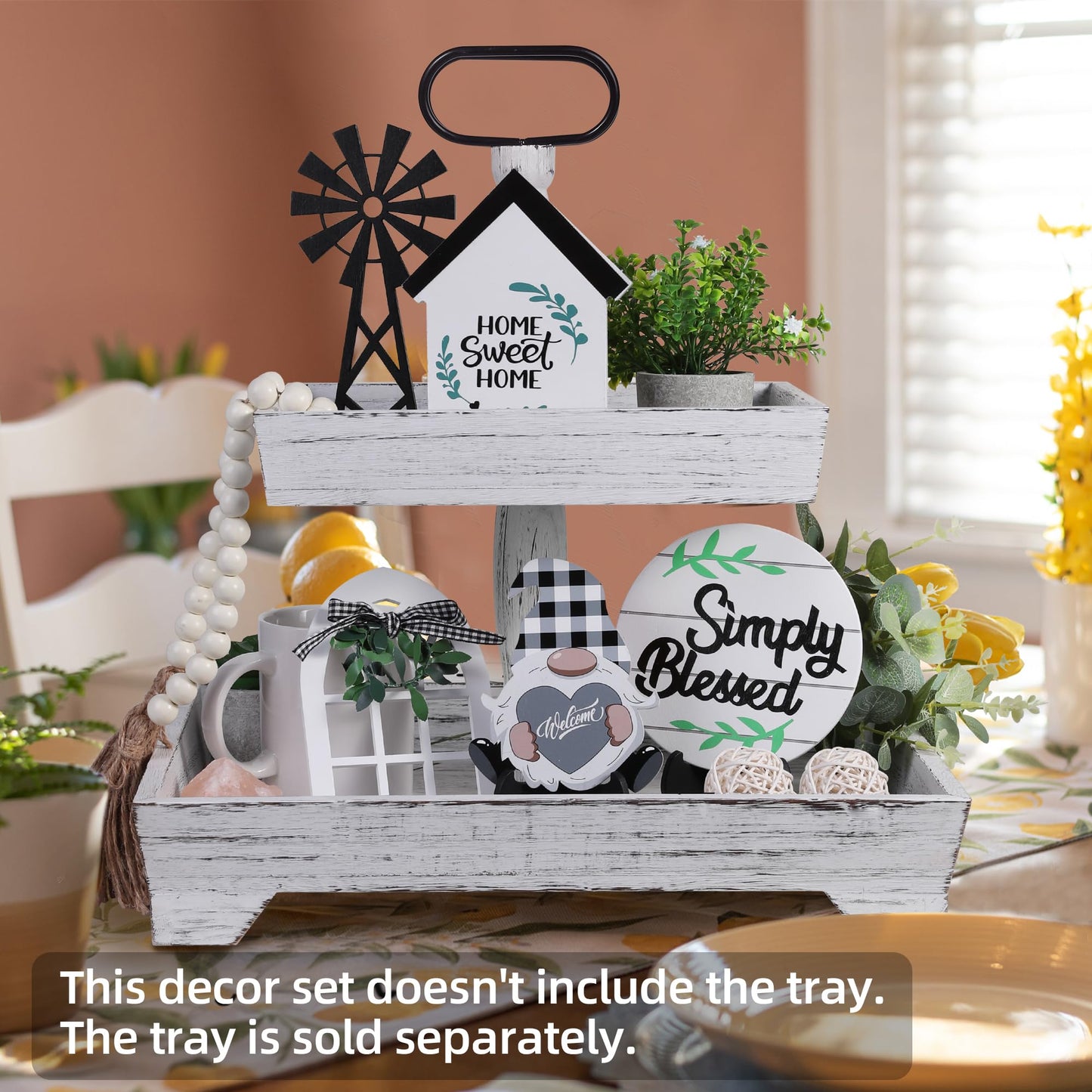Eufrozy 11pcs Farmhouse Tiered Tray Decor Set, Rustic Tier Tray Decorations with Black and White Buffalo Plaid Gnome Ornaments Wooden Home Sweet Home Sign for Kitchen Table Decor Summer Housewarming